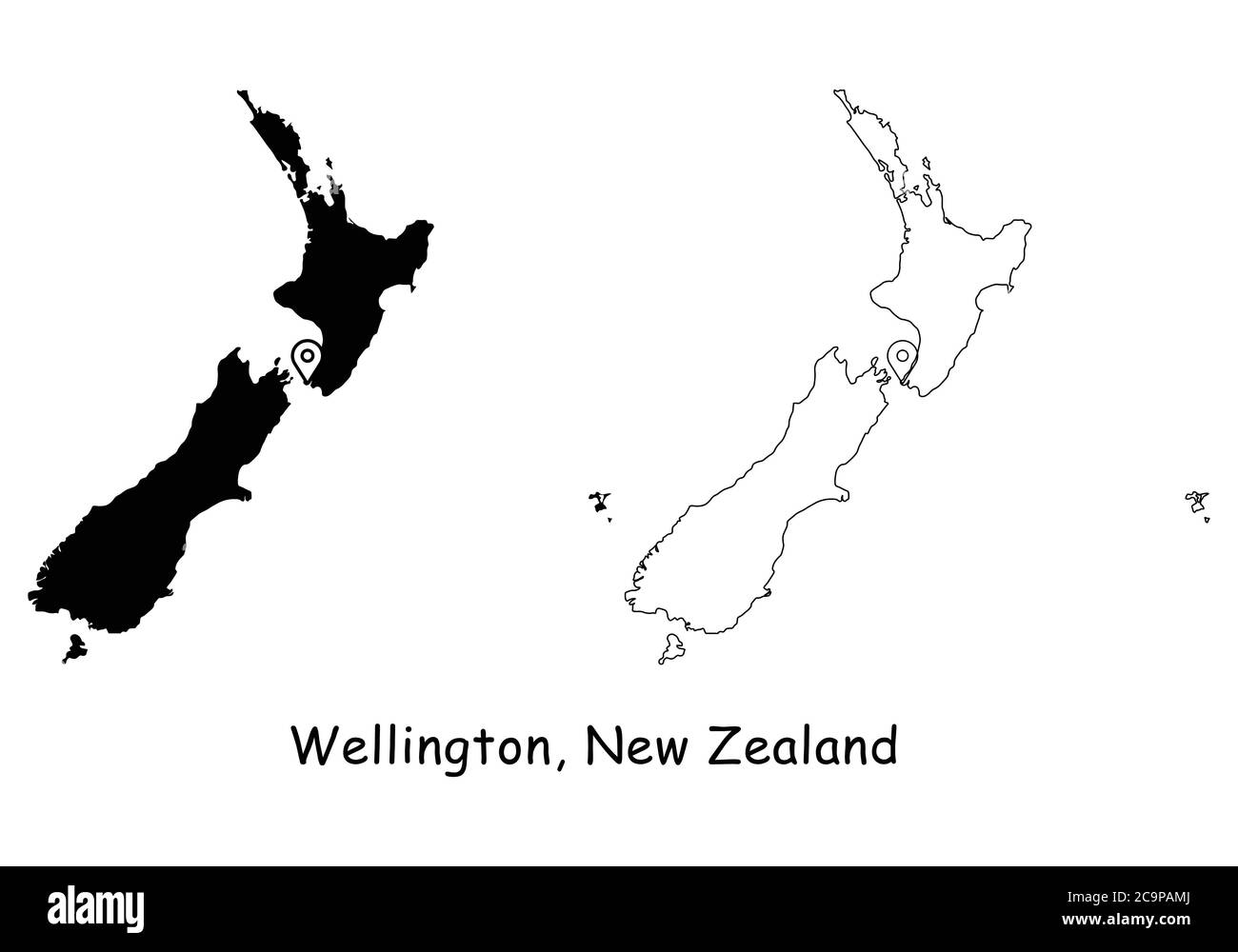 Wellington, Nuova Zelanda. Mappa dettagliata del Paese con il pin della posizione sulla città capitale. Silhouette nera e mappe di contorno isolate su sfondo bianco. V EPS Illustrazione Vettoriale