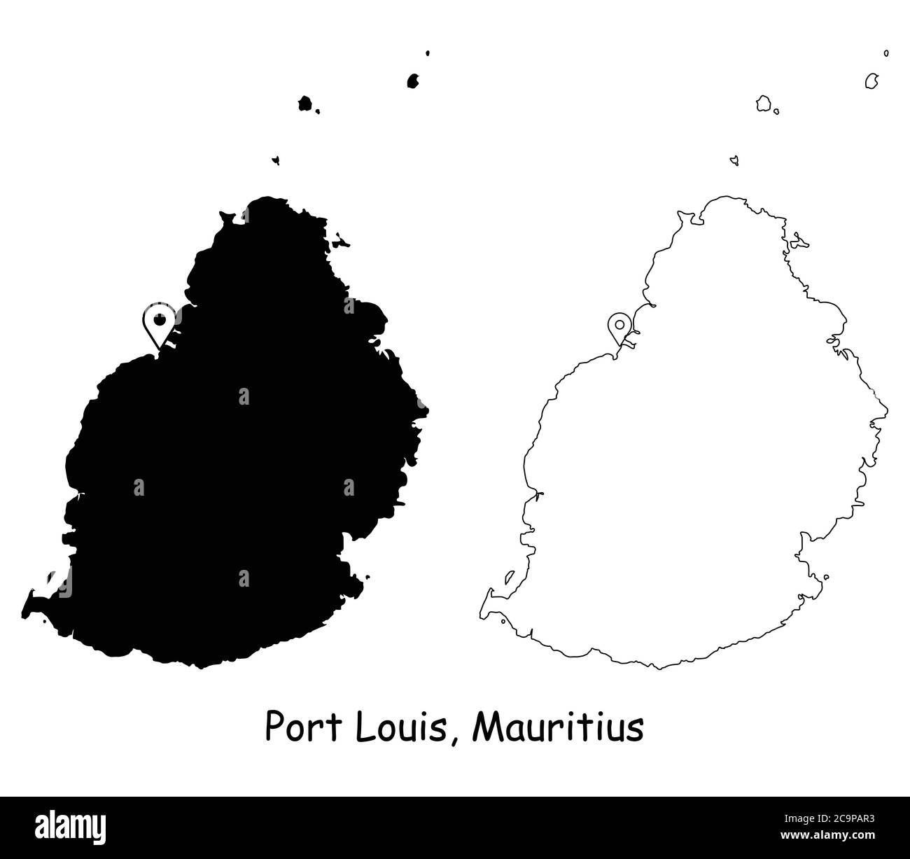 Port Louis Mauritius. Mappa dettagliata del Paese con il pin della posizione sulla città capitale. Silhouette nera e mappe di contorno isolate su sfondo bianco. EPS Vect Illustrazione Vettoriale