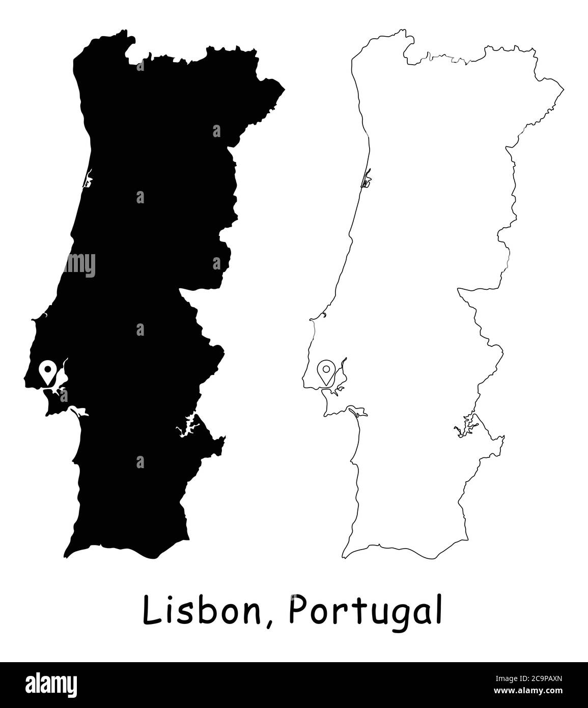 Lisbona, Portogallo. Mappa dettagliata del Paese con il pin della posizione sulla città capitale. Silhouette nera e mappe di contorno isolate su sfondo bianco. Vettore EPS Illustrazione Vettoriale