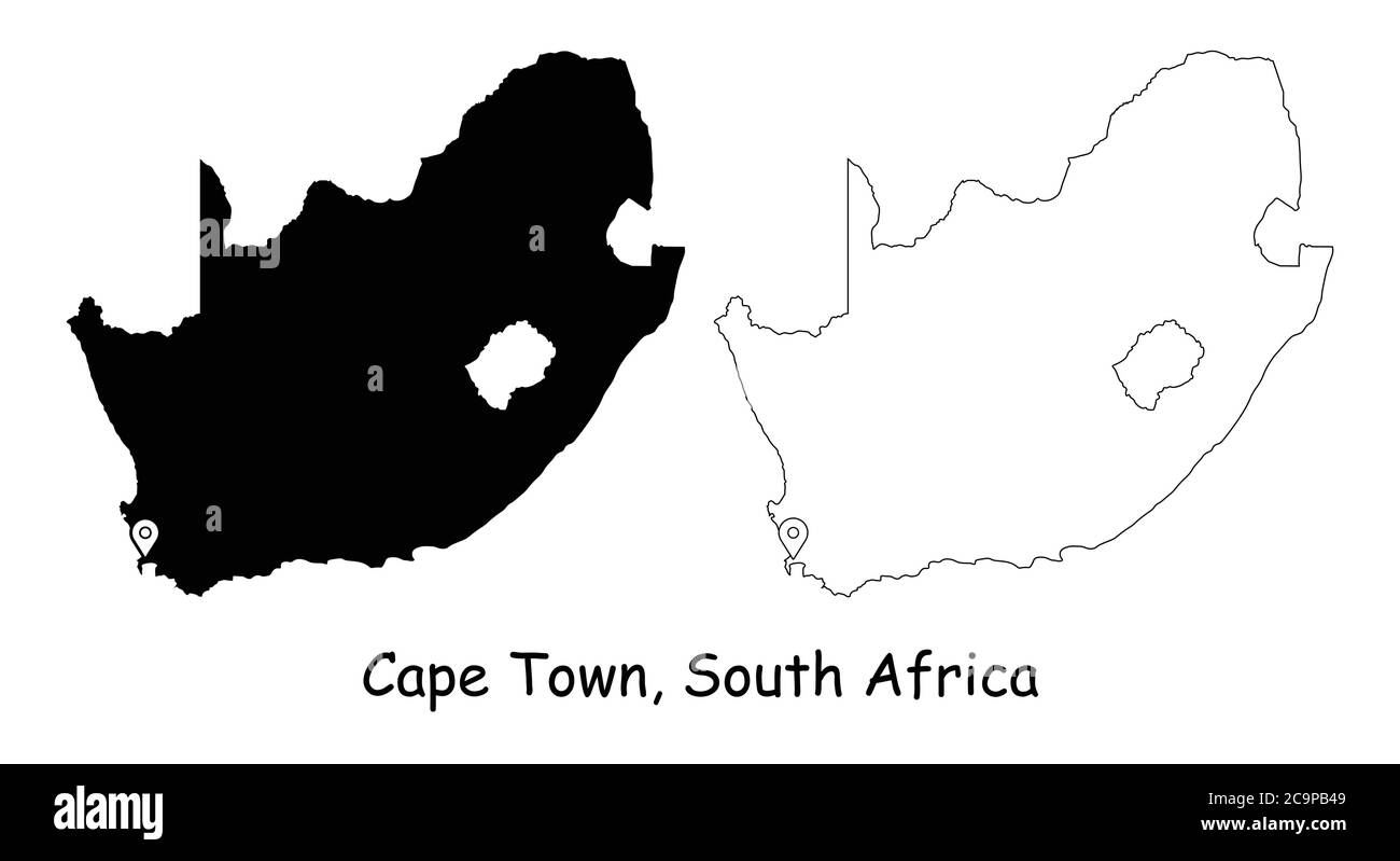 Città del Capo, Sud Africa. Mappa dettagliata del Paese con il pin della posizione sulla città capitale. Silhouette nera e mappe di contorno isolate su sfondo bianco. V EPS Illustrazione Vettoriale