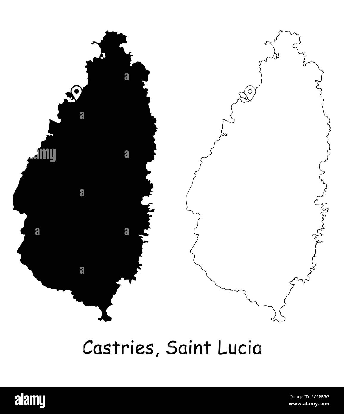 Castries, Santa Lucia. Mappa dettagliata del Paese con il pin della posizione sulla città capitale. Silhouette nera e mappe di contorno isolate su sfondo bianco. VEC. EPS Illustrazione Vettoriale