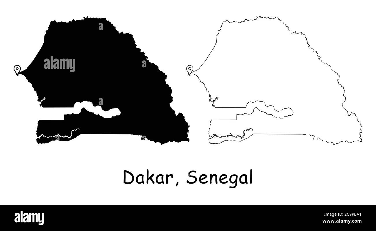 Dakar, Senegal. Mappa dettagliata del Paese con il pin della posizione sulla città capitale. Silhouette nera e mappe di contorno isolate su sfondo bianco. Vettore EPS Illustrazione Vettoriale