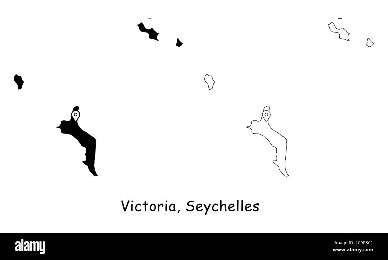 Victoria, Seychelles. Mappa dettagliata del Paese con il pin della posizione sulla città capitale. Silhouette nera e mappe di contorno isolate su sfondo bianco. EPS Vect Illustrazione Vettoriale