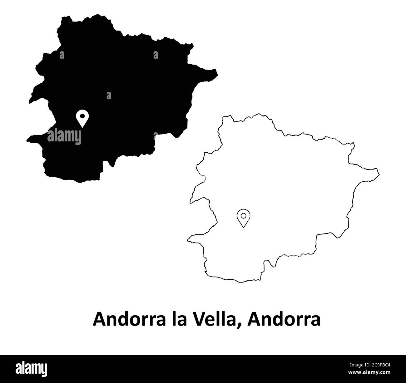 Andorra la Vella, Andorra. Mappa dettagliata del Paese con il pin della posizione della città capitale. Silhouette nera e mappe di contorno isolate su sfondo bianco. EPS Ve Illustrazione Vettoriale