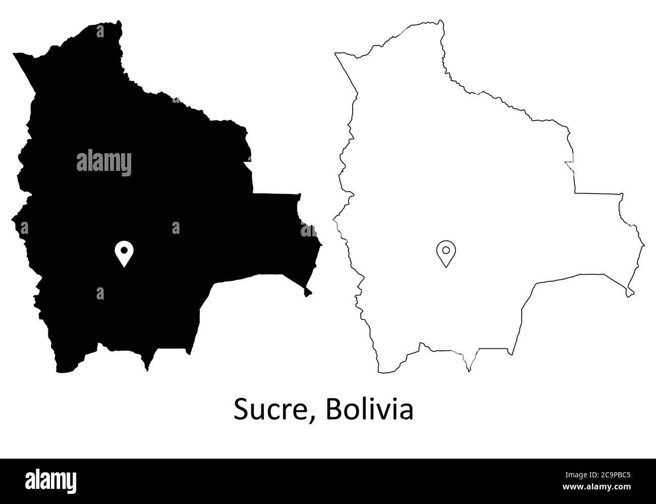 Sucre Bolivia. Mappa dettagliata del Paese con il pin della posizione