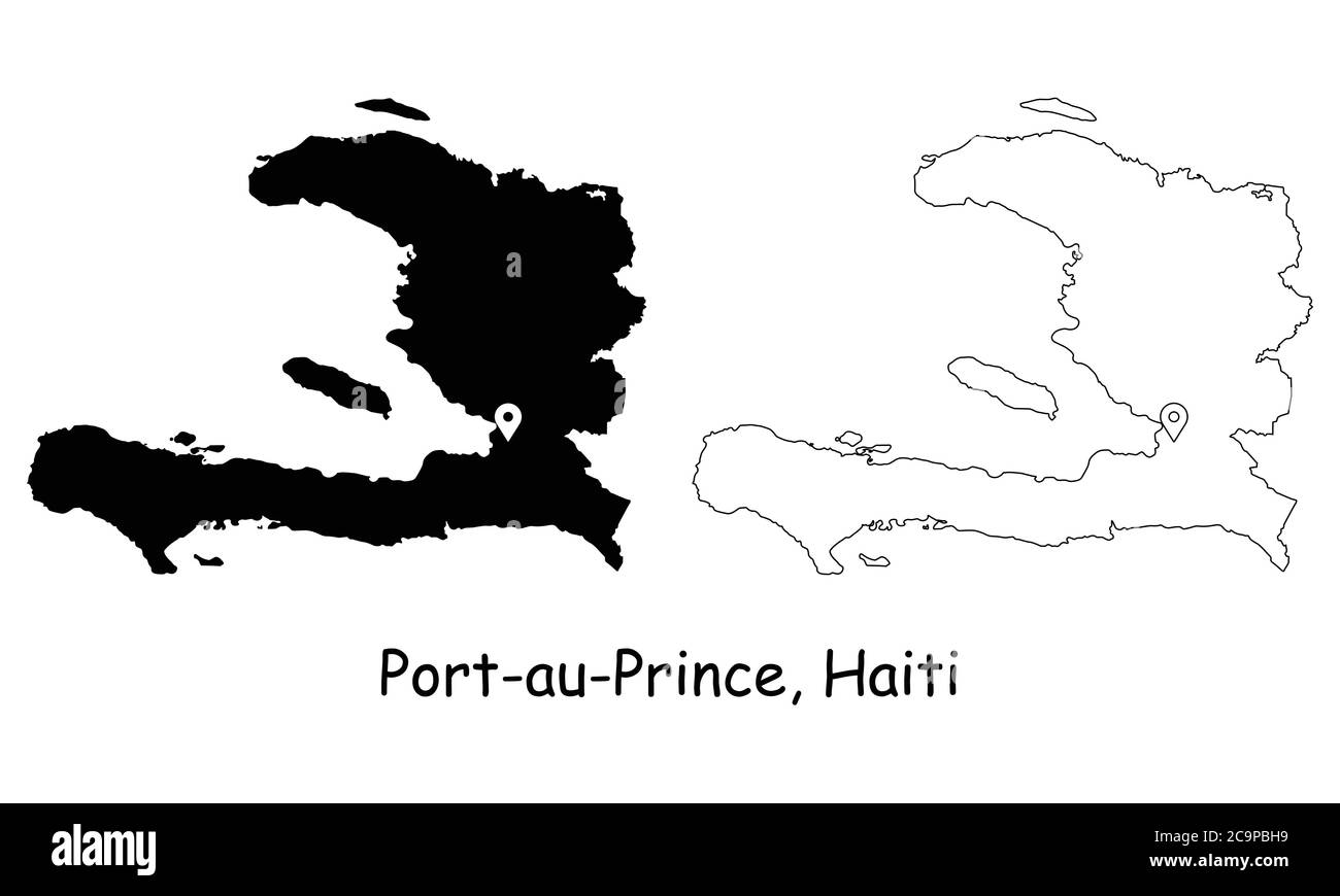 Port au Prince Haiti. Mappa dettagliata del Paese con pin sulla città capitale silhouette nera e mappe di contorno isolate su sfondo bianco EPS Vector Illustrazione Vettoriale