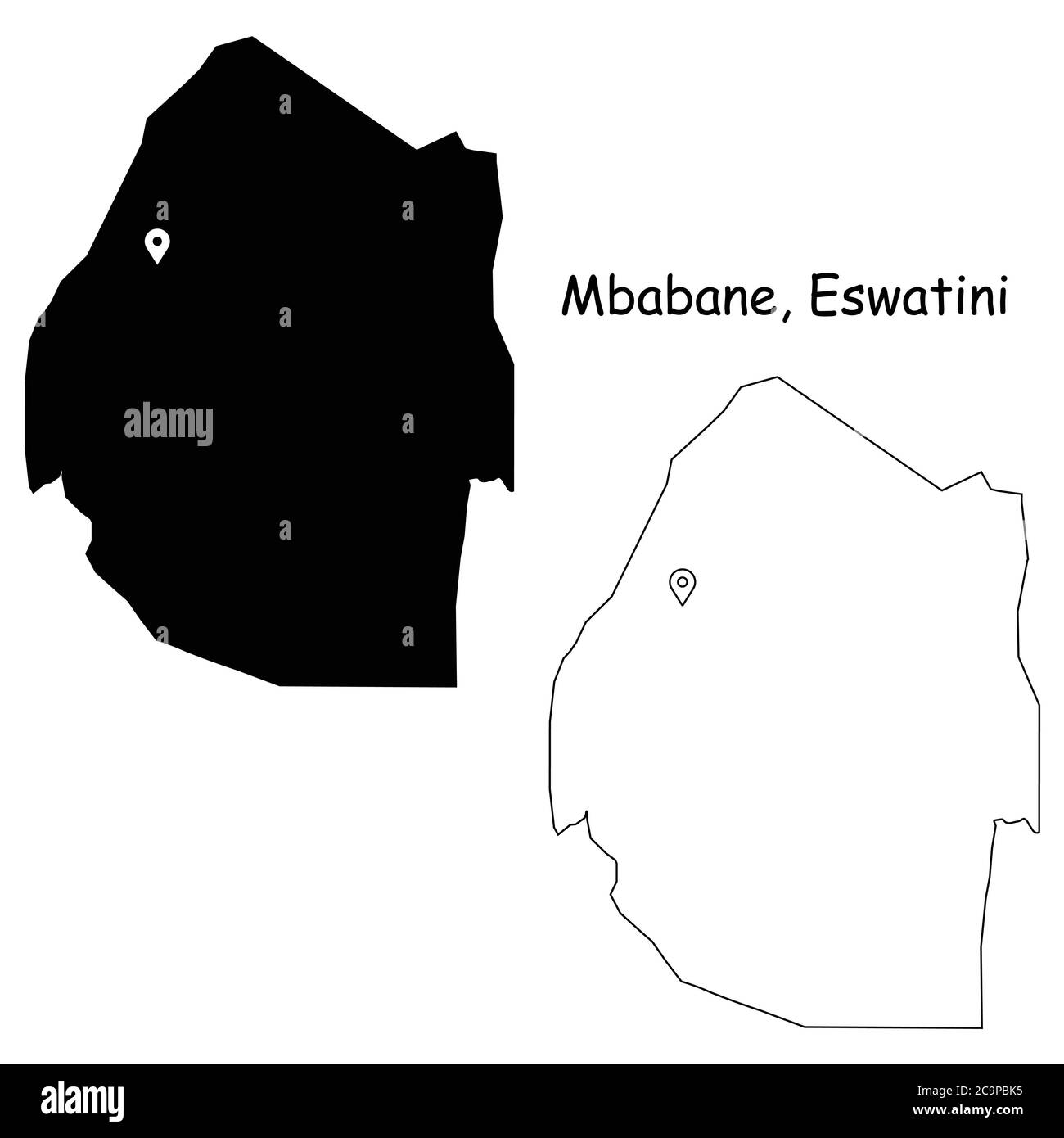 Mbabane Eswatini. Mappa dettagliata del Paese con il pin della posizione sulla città capitale. Silhouette nera e mappe di contorno isolate su sfondo bianco. Vettore EPS Illustrazione Vettoriale