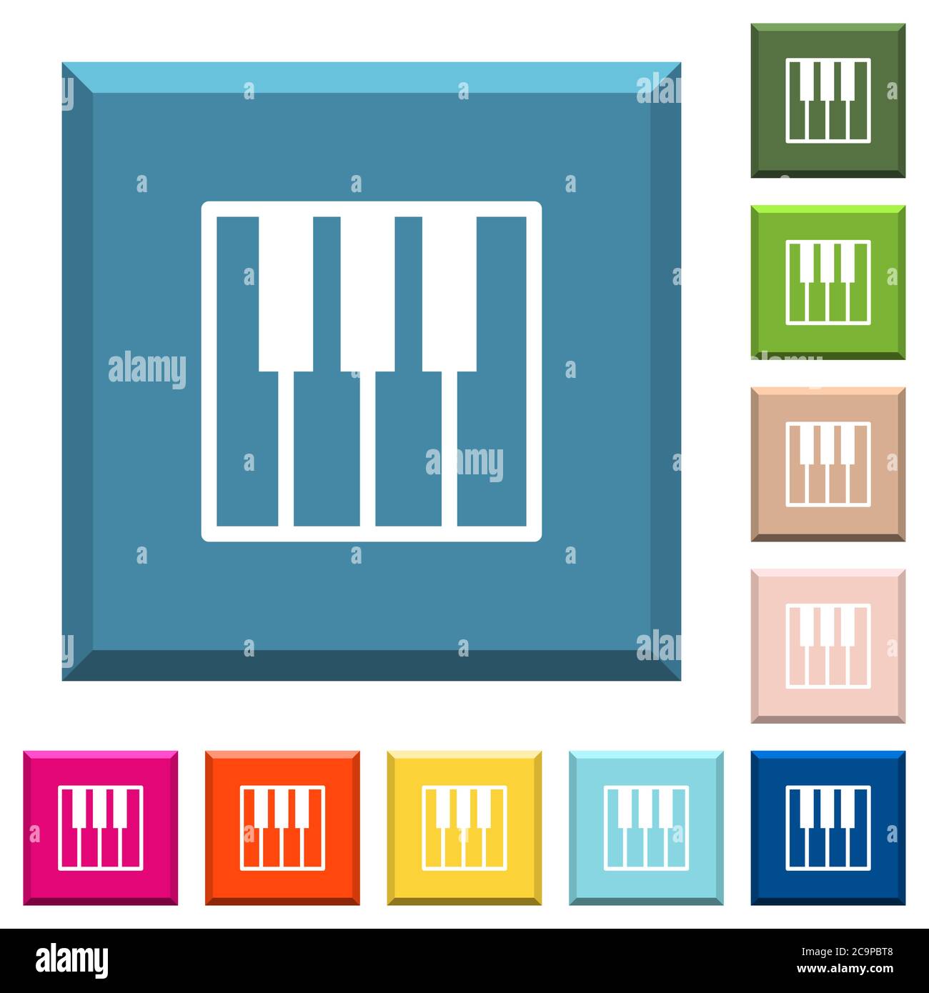 Icone bianche della tastiera a piano su tasti quadrati con bordi in vari colori alla moda Illustrazione Vettoriale