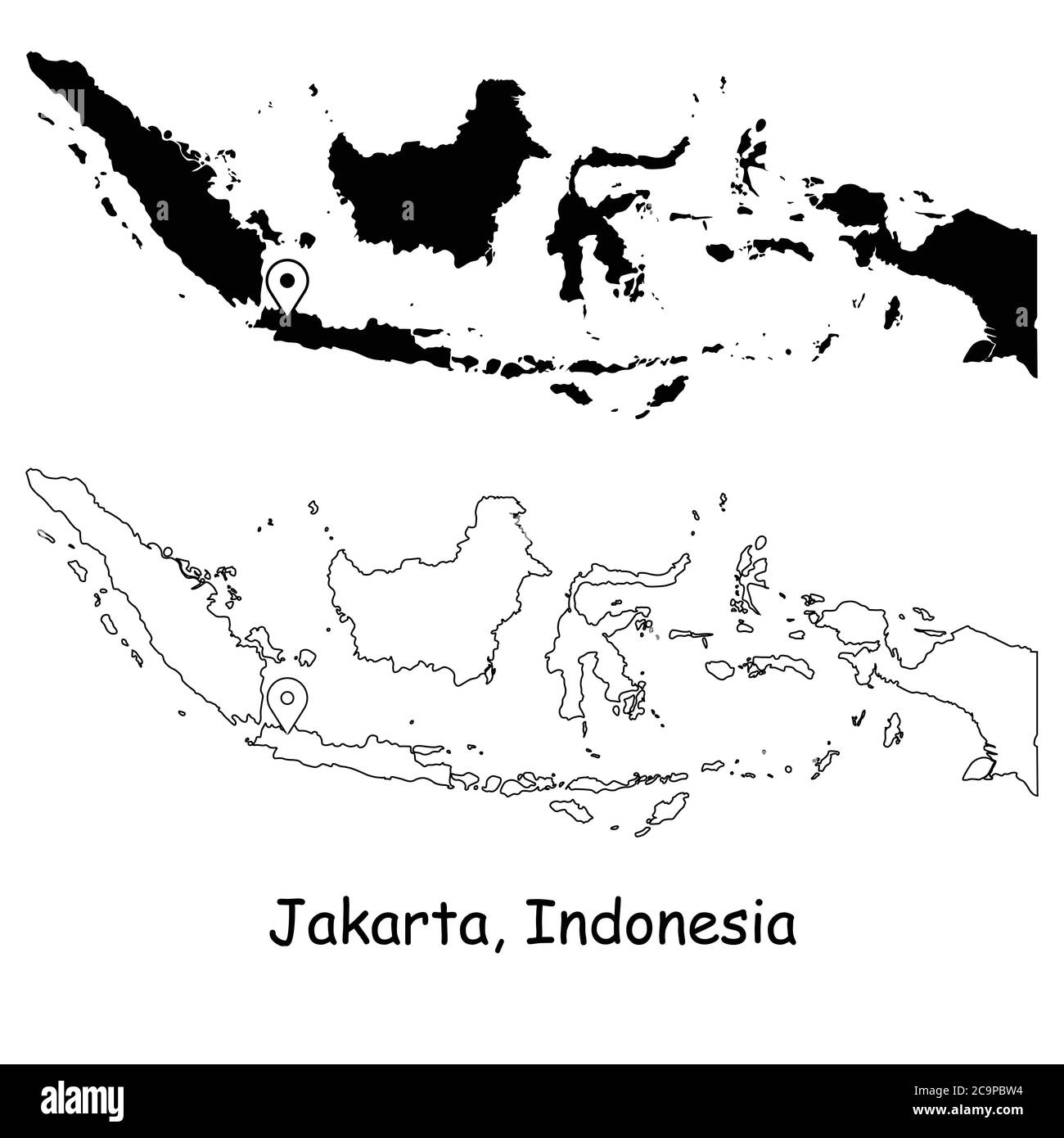 Giacarta Indonesia. Mappa dettagliata del Paese con il pin della posizione sulla città capitale. Silhouette nera e mappe di contorno isolate su sfondo bianco. Vettore EPS Illustrazione Vettoriale