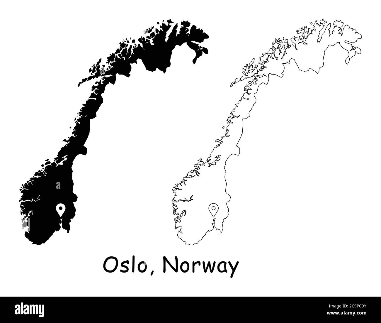 Oslo, Norvegia. Mappa dettagliata del Paese con il pin della posizione sulla città capitale. Silhouette nera e mappe di contorno isolate su sfondo bianco. Vettore EPS Illustrazione Vettoriale