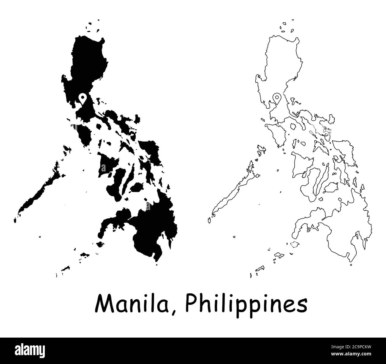 Manila, Filippine. Mappa dettagliata del Paese con il pin della posizione sulla città capitale. Silhouette nera e mappe di contorno isolate su sfondo bianco. VECTO EPS Illustrazione Vettoriale