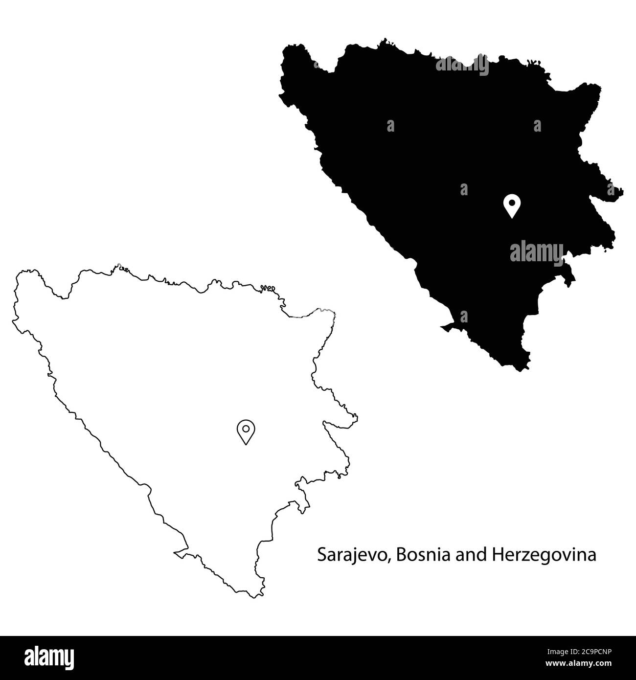 Sarajevo Bosnia-Erzegovina. Mappa dettagliata del Paese con il pin della posizione sulla città capitale. Silhouette nera e mappe di contorno isolate su sfondo bianco Illustrazione Vettoriale