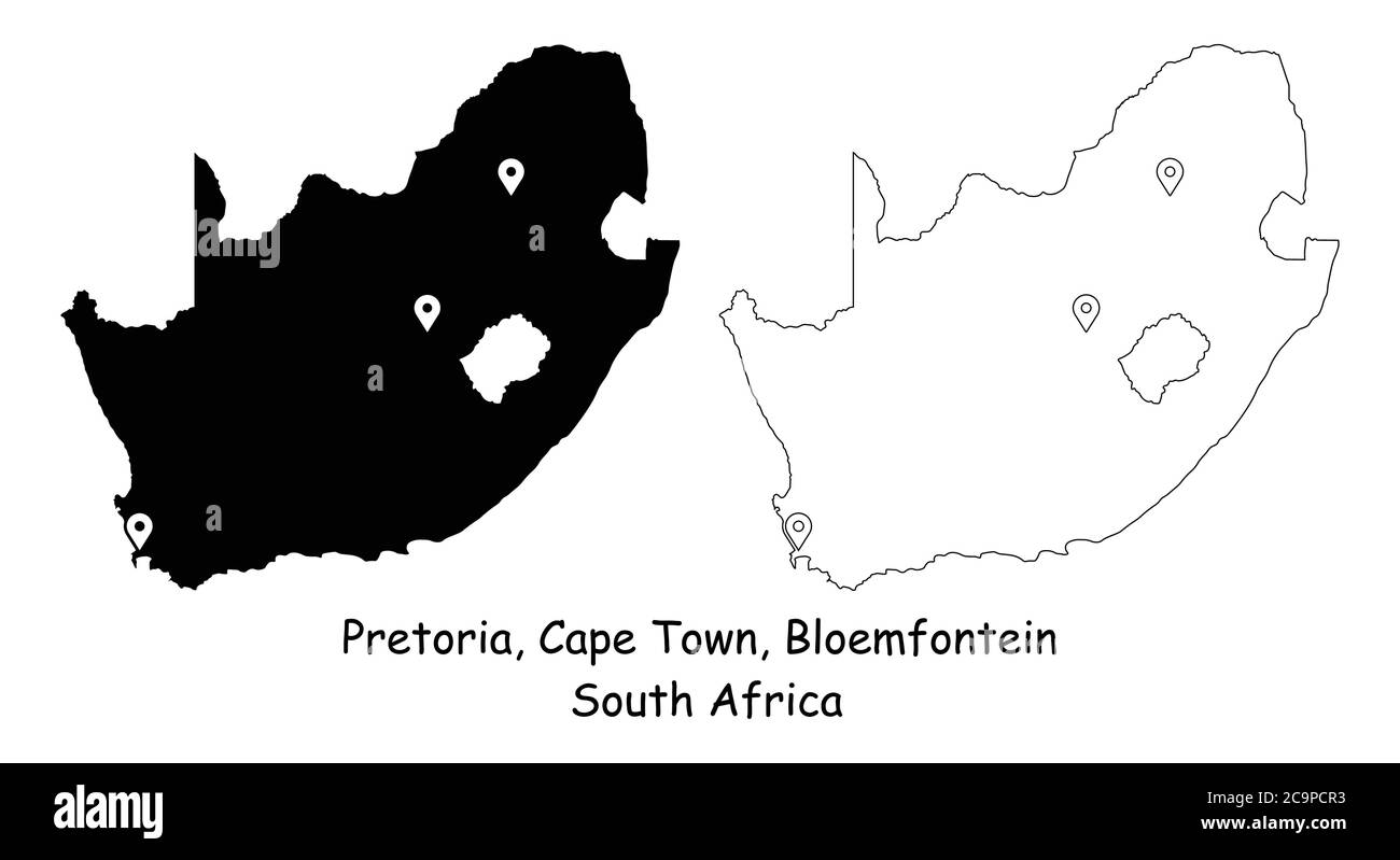 Tre città capitali della Repubblica del Sud Africa. Pretoria, Città del Capo e Bloemfontein. Mappa dettagliata del Paese con il pin della posizione sulla città capitale. B Illustrazione Vettoriale