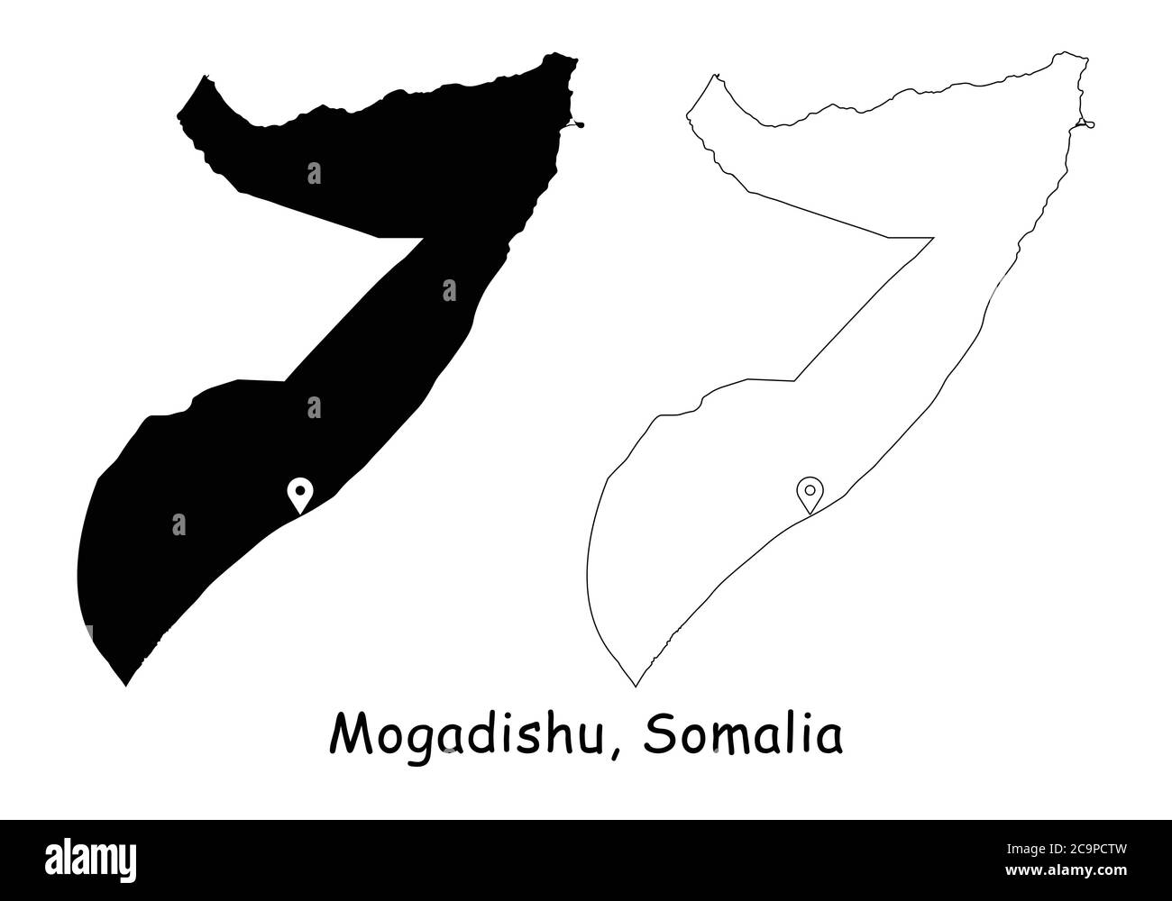 Mogadiscio, Repubblica federale di Somalia. Mappa dettagliata del Paese con il pin della posizione sulla città capitale. Silhouette nera e mappe di contorno isolate su bianco ba Illustrazione Vettoriale Mogadiscio, Repubblica federale di Somalia. Mappa dettagliata del Paese con il pin della posizione sulla città capitale. Silhouette nera e mappe di contorno isolate su bianco ba Illustrazione Vettoriale