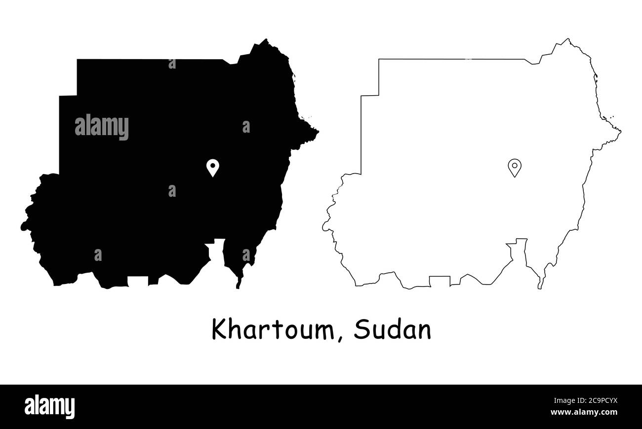 Khartoum, Sudan. Mappa dettagliata del Paese con il pin della posizione sulla città capitale. Silhouette nera e mappe di contorno isolate su sfondo bianco. Vettore EPS Illustrazione Vettoriale