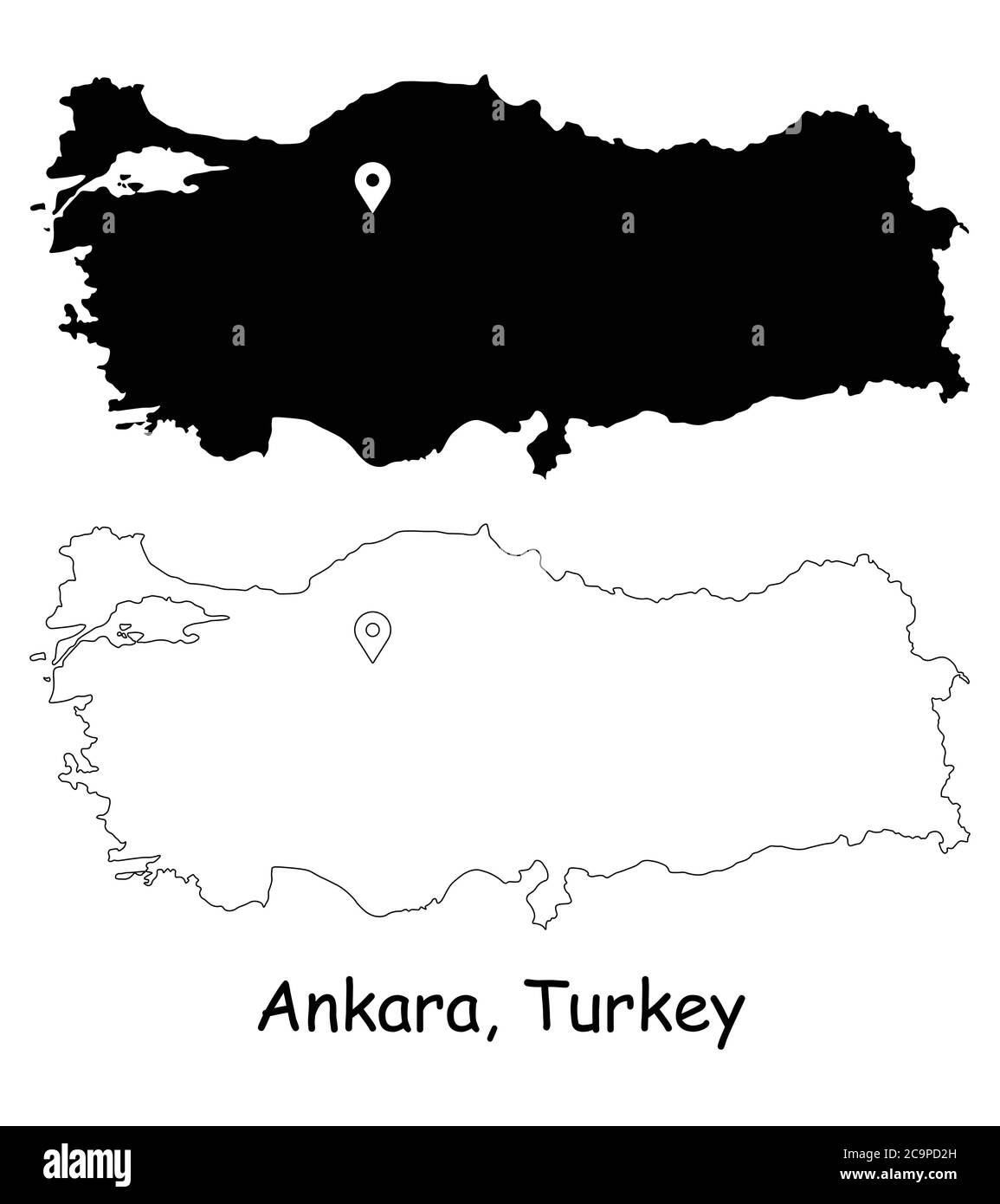 Ankara, Turchia. Mappa dettagliata del Paese con il pin della posizione sulla città capitale. Silhouette nera e mappe di contorno isolate su sfondo bianco. Vettore EPS Illustrazione Vettoriale