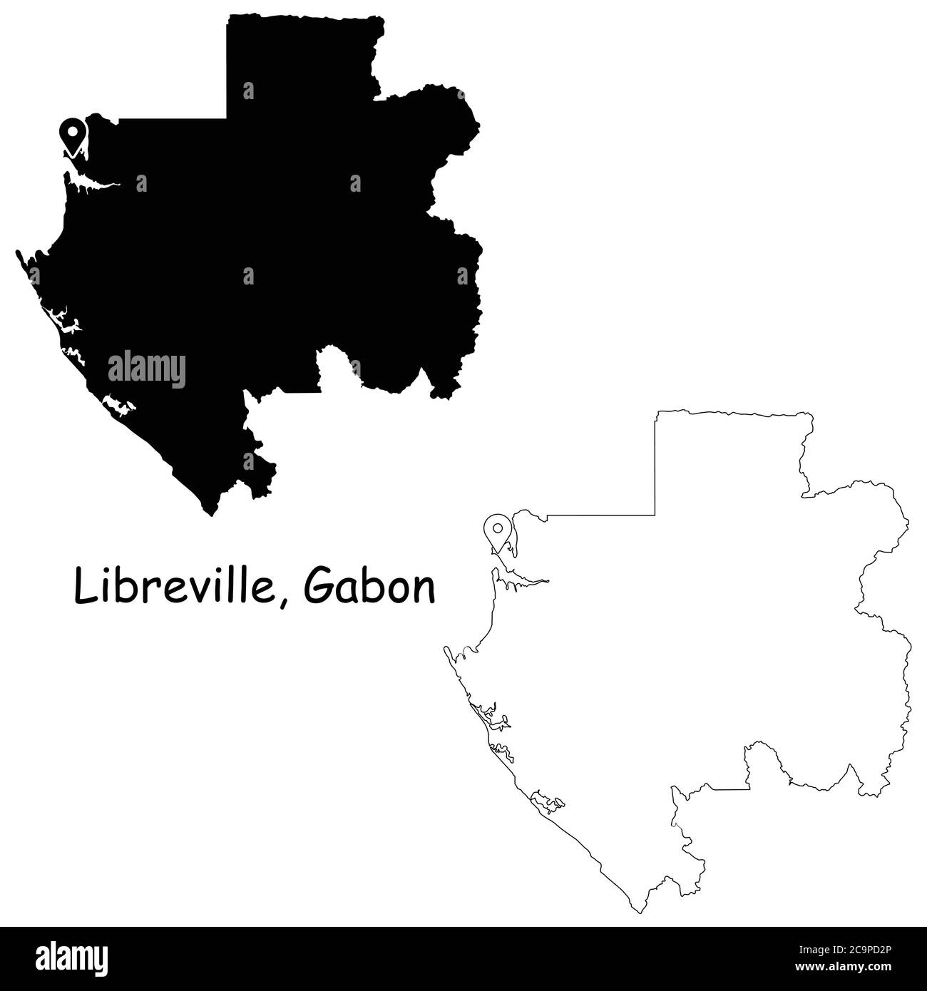 Libreville Gabon. Mappa dettagliata del Paese con il pin della posizione sulla città capitale. Silhouette nera e mappe di contorno isolate su sfondo bianco. Vettore EPS Illustrazione Vettoriale