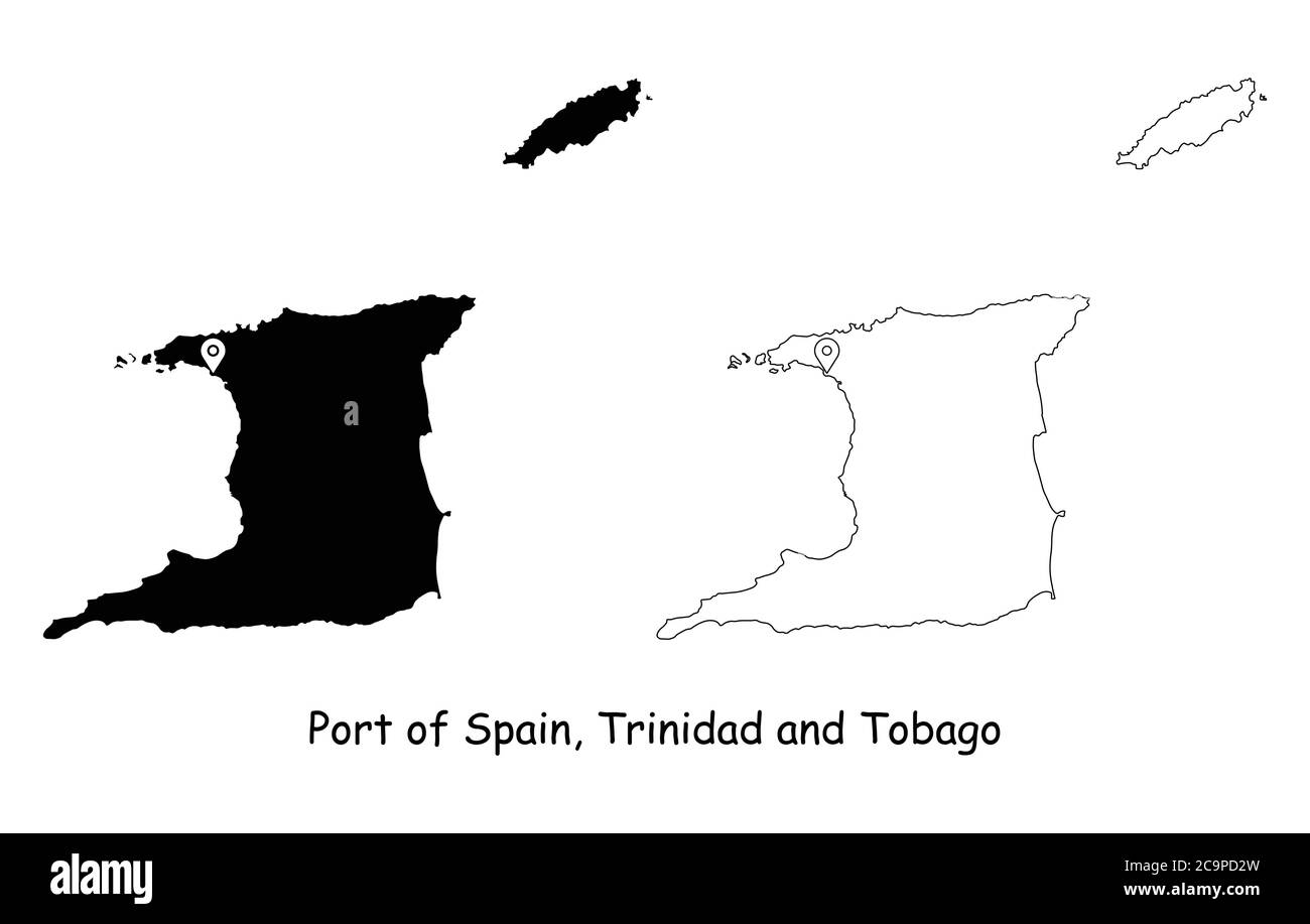 Porto di Spagna, Trinidad e Tobago. Mappa dettagliata del Paese con il pin della posizione sulla città capitale. Silhouette nera e mappe di contorno isolate su sfondo bianco Illustrazione Vettoriale