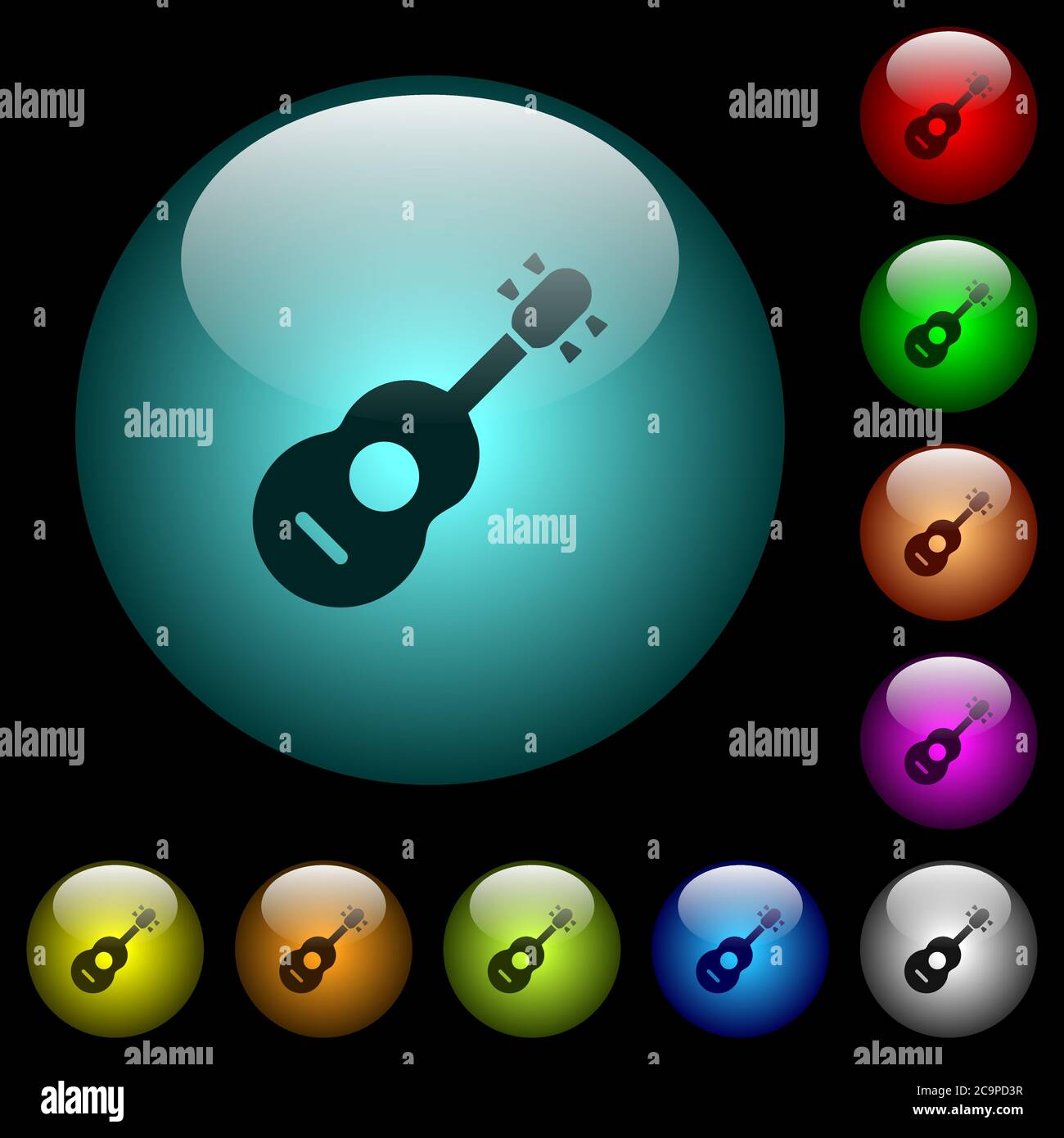 Icone di chitarra acustica di colore illuminato pulsanti sferici in vetro su sfondo nero. Può essere utilizzato per modelli neri o scuri Illustrazione Vettoriale