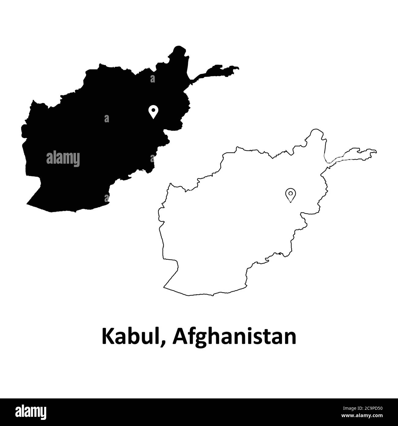 Kabul Afghanistan. Mappa dettagliata del Paese con il pin della posizione della città capitale. Silhouette nera e mappe di contorno isolate su sfondo bianco. Vettore EPS Illustrazione Vettoriale