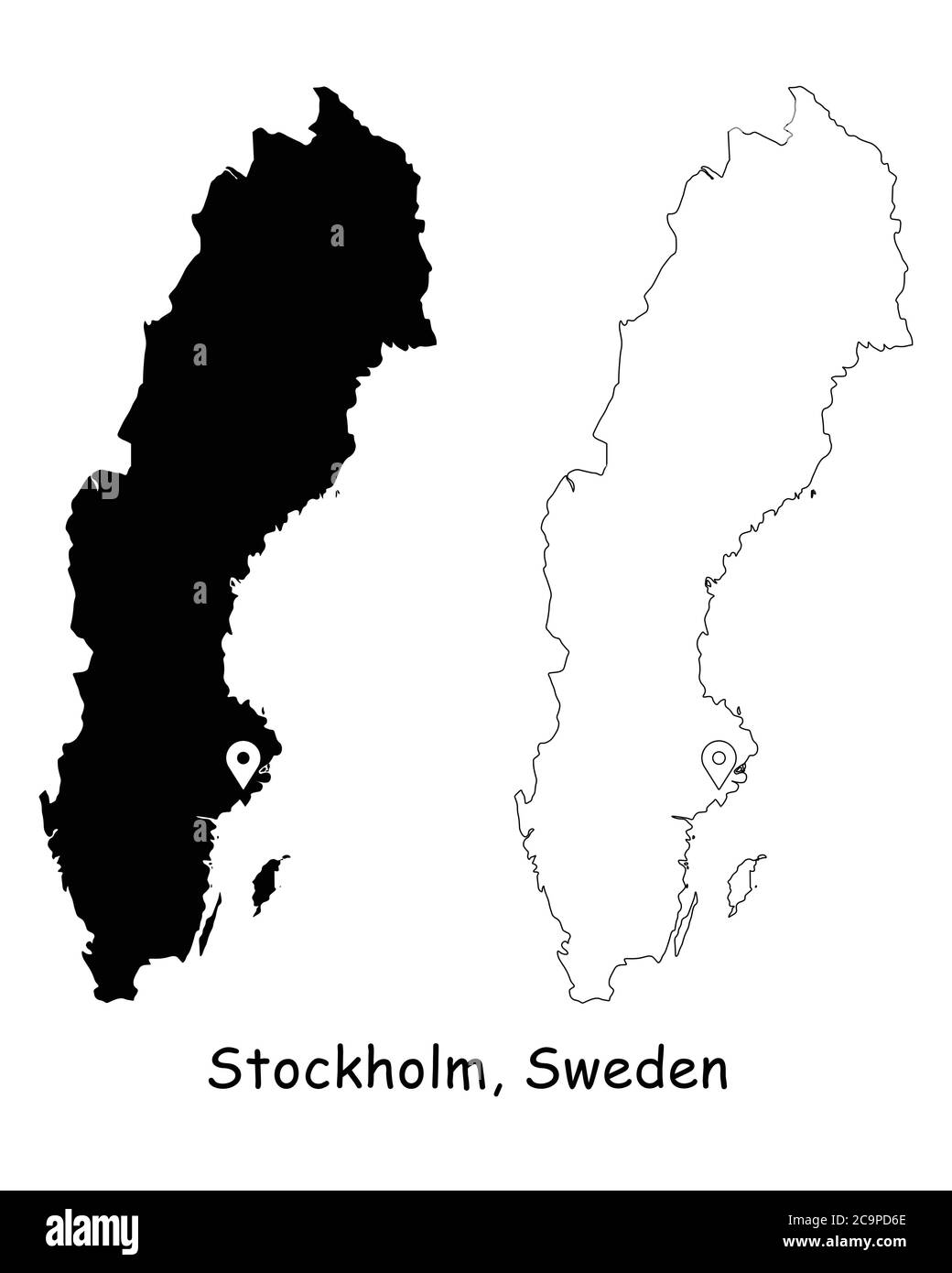 Stoccolma, Svezia. Mappa dettagliata del Paese con il pin della posizione sulla città capitale. Silhouette nera e mappe di contorno isolate su sfondo bianco. Vettore EPS Illustrazione Vettoriale