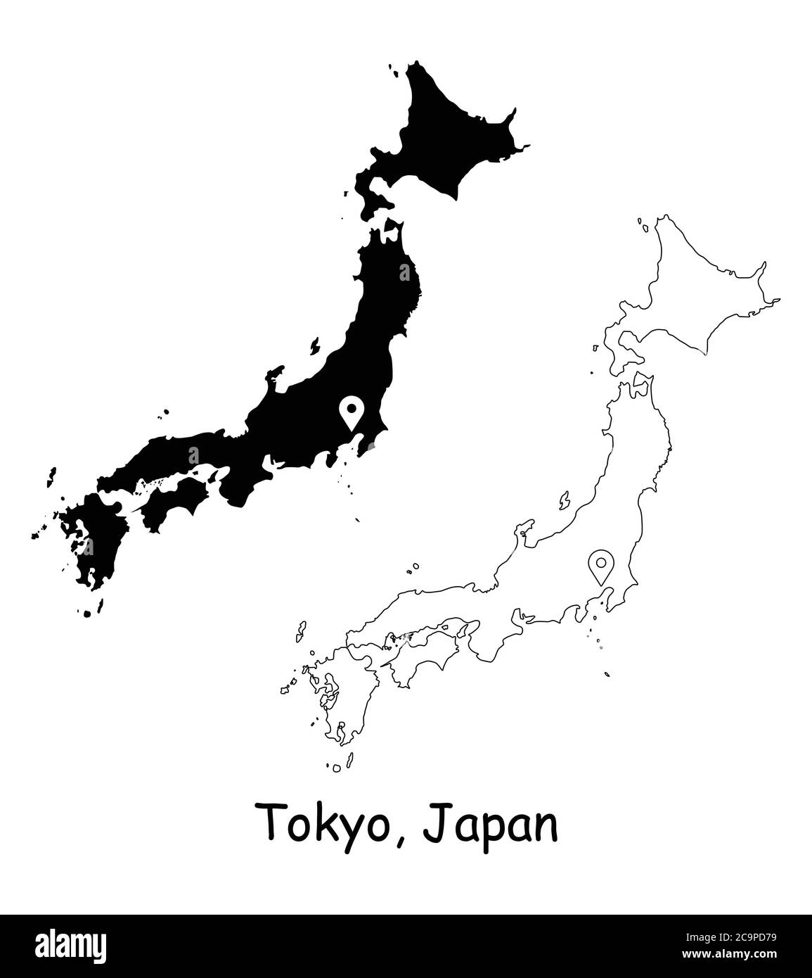 Tokyo Giappone. Mappa dettagliata del Paese con il pin della posizione sulla città capitale. Silhouette nera e mappe di contorno isolate su sfondo bianco. Vettore EPS Illustrazione Vettoriale