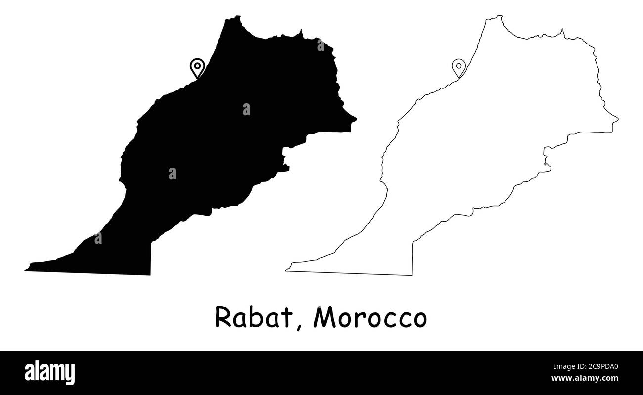 Rabat, Marocco. Mappa dettagliata del Paese con il pin della posizione sulla città capitale. Silhouette nera e mappe di contorno isolate su sfondo bianco. Vettore EPS Illustrazione Vettoriale