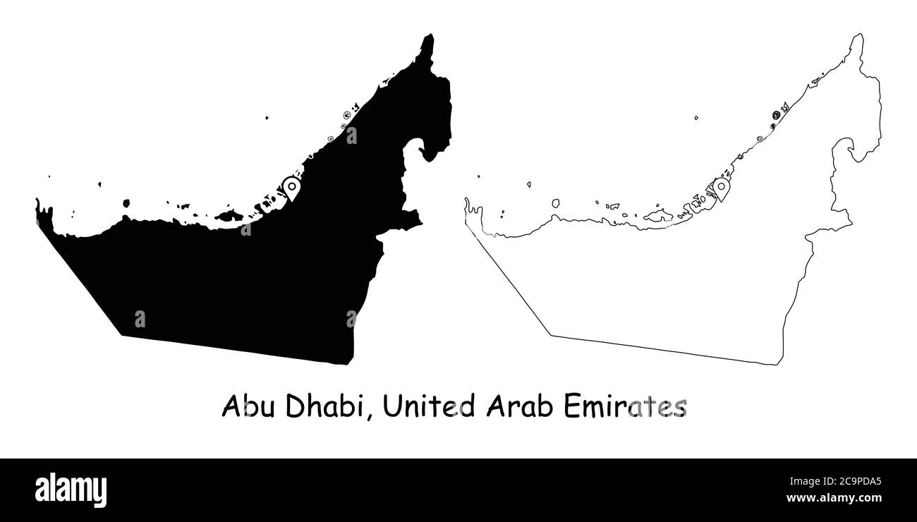 Abu Dhabi, Emirati Arabi Uniti. Mappa dettagliata del Paese con il pin della posizione sulla città capitale. Silhouette nera e mappe di contorno isolate su sfondo bianco Illustrazione Vettoriale