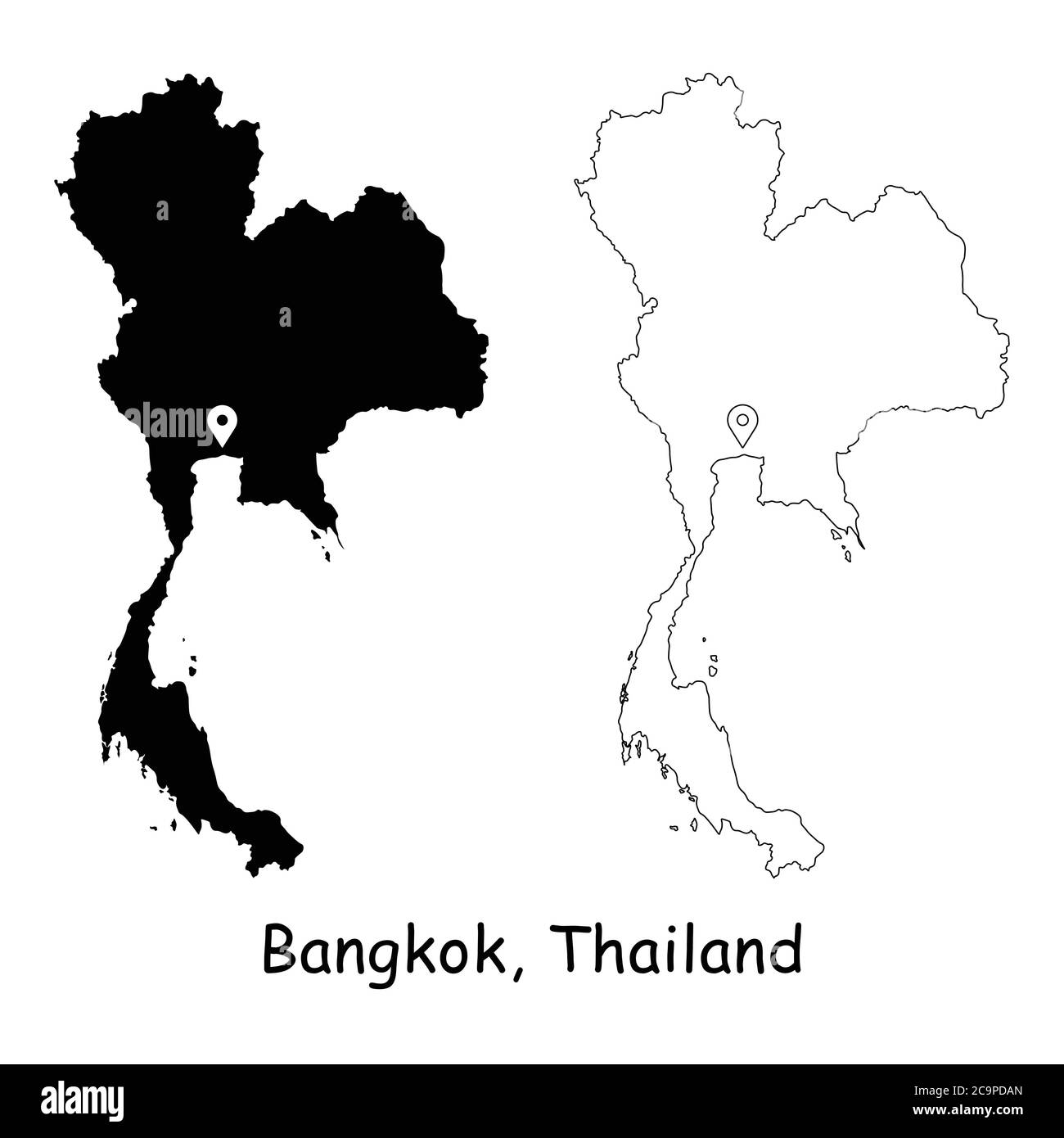 Bangkok, Thailandia. Mappa dettagliata del Paese con il pin della posizione sulla città capitale. Silhouette nera e mappe di contorno isolate su sfondo bianco. Vettore EPS Illustrazione Vettoriale
