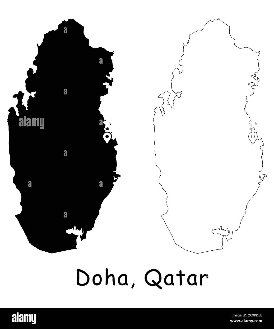 Doha, Qatar. Mappa dettagliata del Paese con il pin della posizione sulla città capitale. Silhouette nera e mappe di contorno isolate su sfondo bianco. Vettore EPS Illustrazione Vettoriale