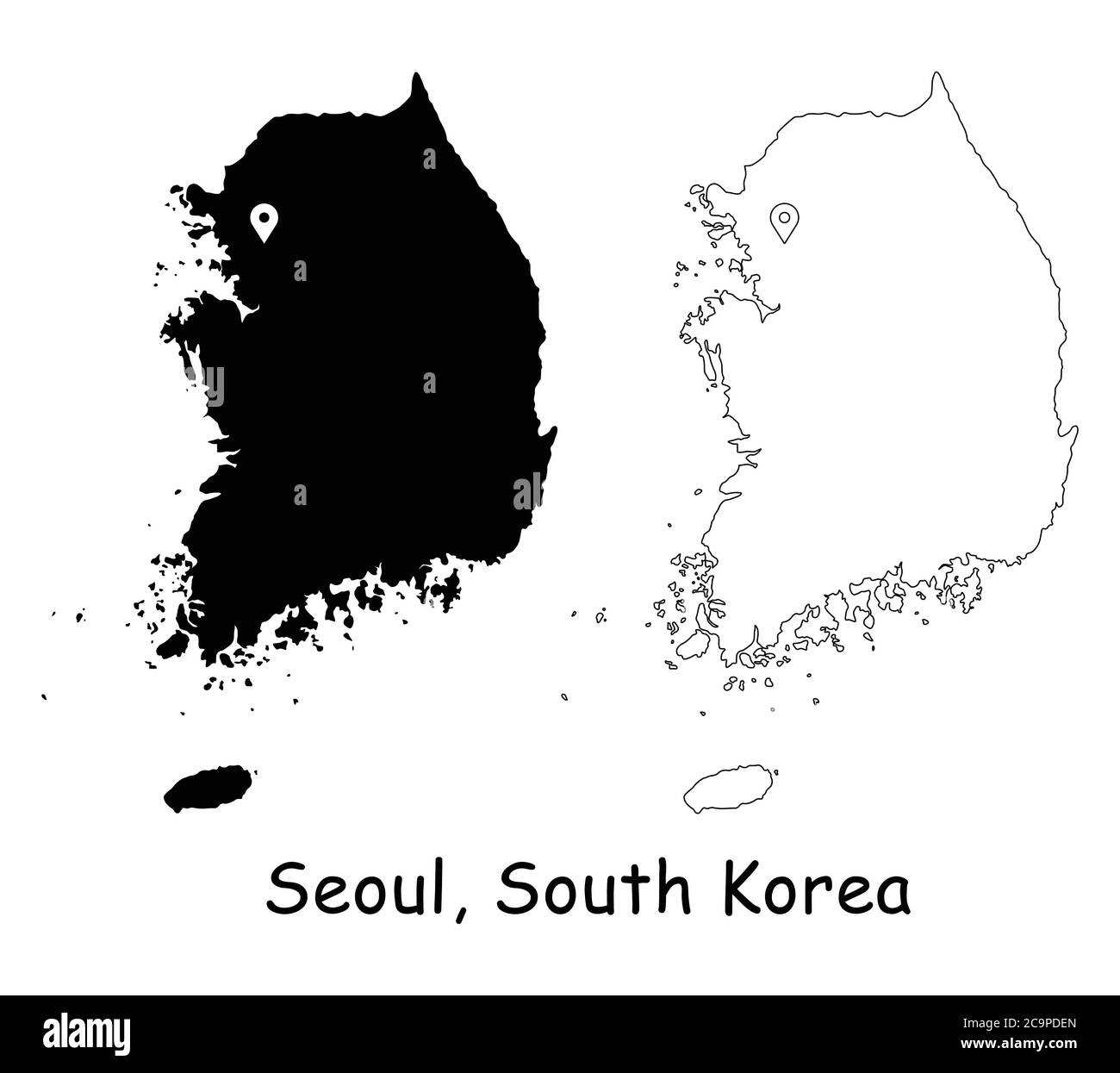 Seoul, Corea del Sud. Mappa dettagliata del Paese con il pin della posizione sulla città capitale. Silhouette nera e mappe di contorno isolate su sfondo bianco. Vettore EPS Illustrazione Vettoriale