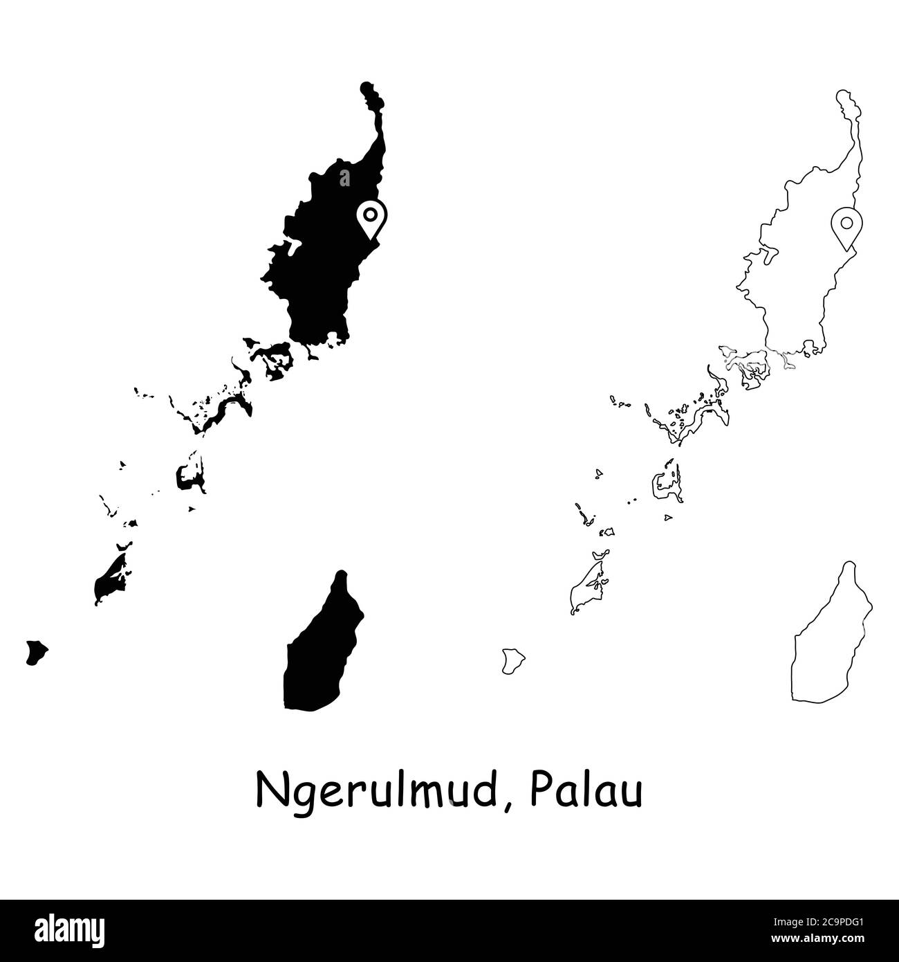 Ngerulmud, Repubblica di Palau. Mappa dettagliata del Paese con il pin della posizione sulla città capitale. Silhouette nera e mappe di contorno isolate su sfondo bianco. Illustrazione Vettoriale