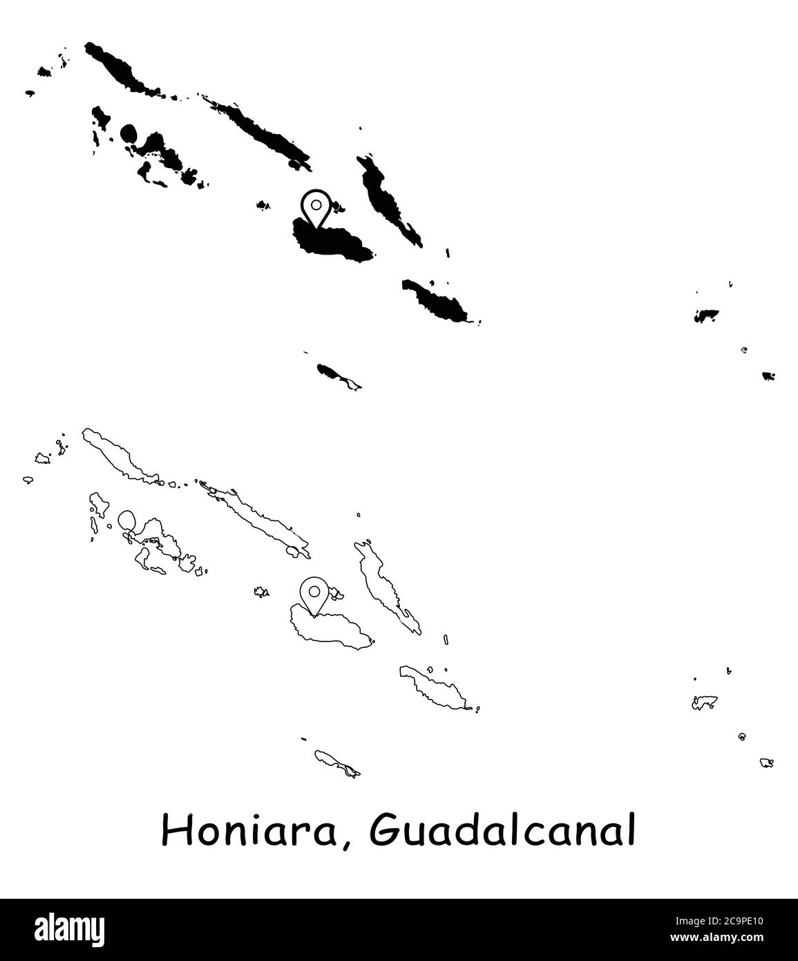 Honiara, Isole Salomone. Mappa dettagliata del Paese con il pin della posizione sulla città capitale. Silhouette nera e mappe di contorno isolate su sfondo bianco. EPS Illustrazione Vettoriale