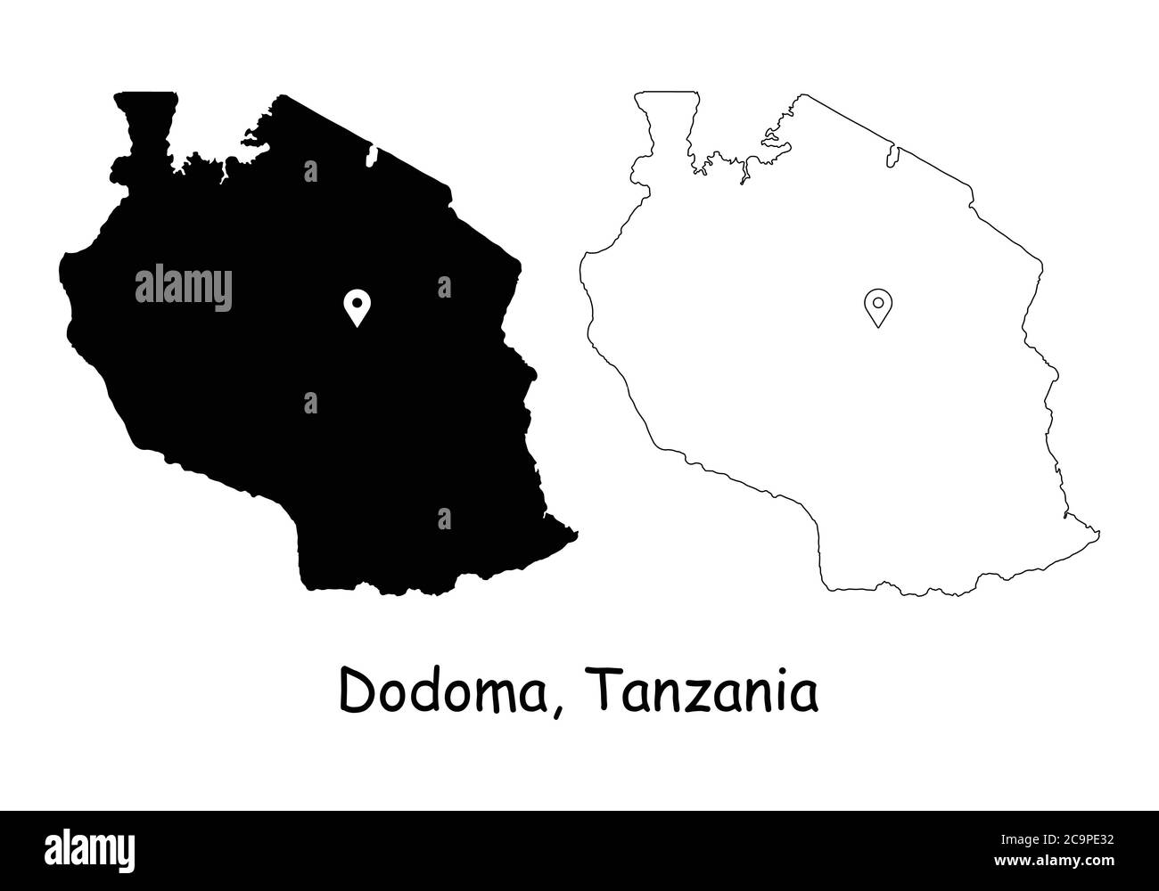 Dodoma, Repubblica unita di Tanzania. Mappa dettagliata del Paese con il pin della posizione sulla città capitale. Silhouette nera e mappe di contorno isolate su sfondo bianco Illustrazione Vettoriale