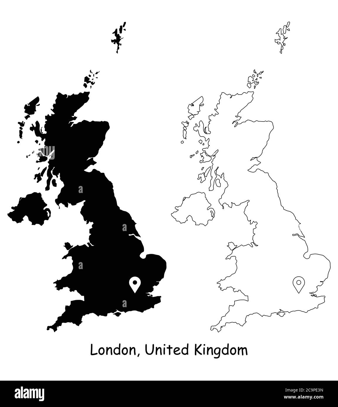 Londra, Regno Unito. Mappa dettagliata del Paese con il pin della posizione sulla città capitale. Silhouette nera e mappe di contorno isolate su sfondo bianco. EPS Ve Illustrazione Vettoriale