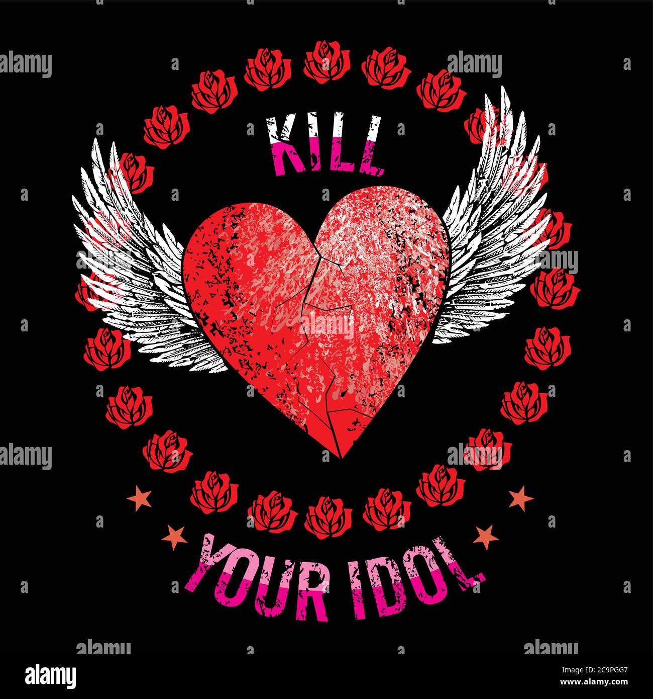 T-shirt modello vettoriale di un cuore rosso con ali bianche in un cerchio di rose isolate su nero Illustrazione Vettoriale