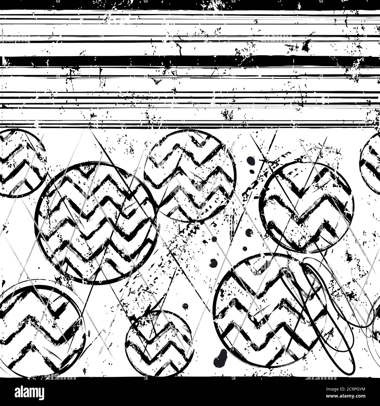 motivo di sfondo astratto, con strisce, cerchi, tratti e schizzi, bianco e nero, grugnoso Illustrazione Vettoriale
