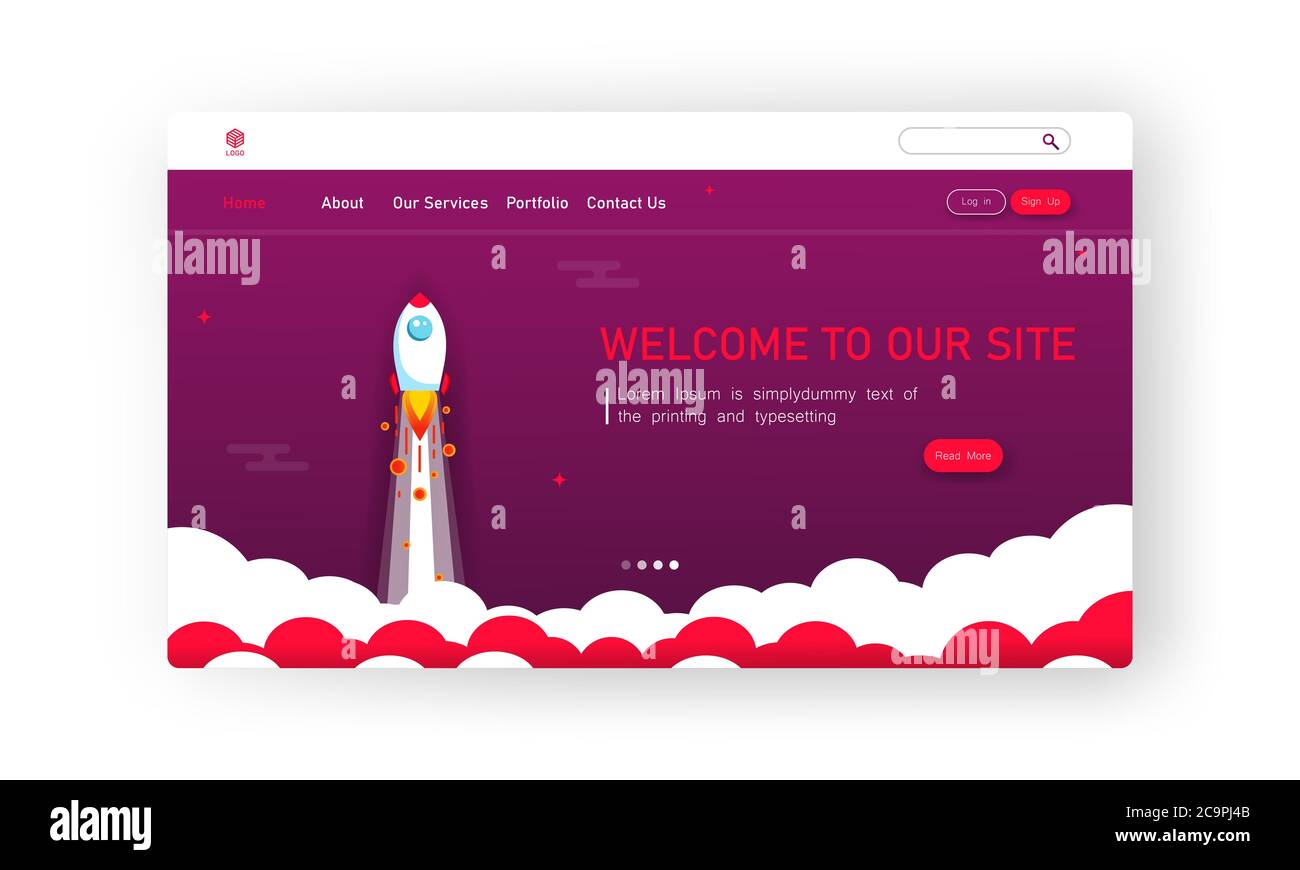 Disegno di modello di Web site di affari. Concetto di illustrazione vettoriale della pagina Web. Nave a razzo. EPS 10 Illustrazione Vettoriale