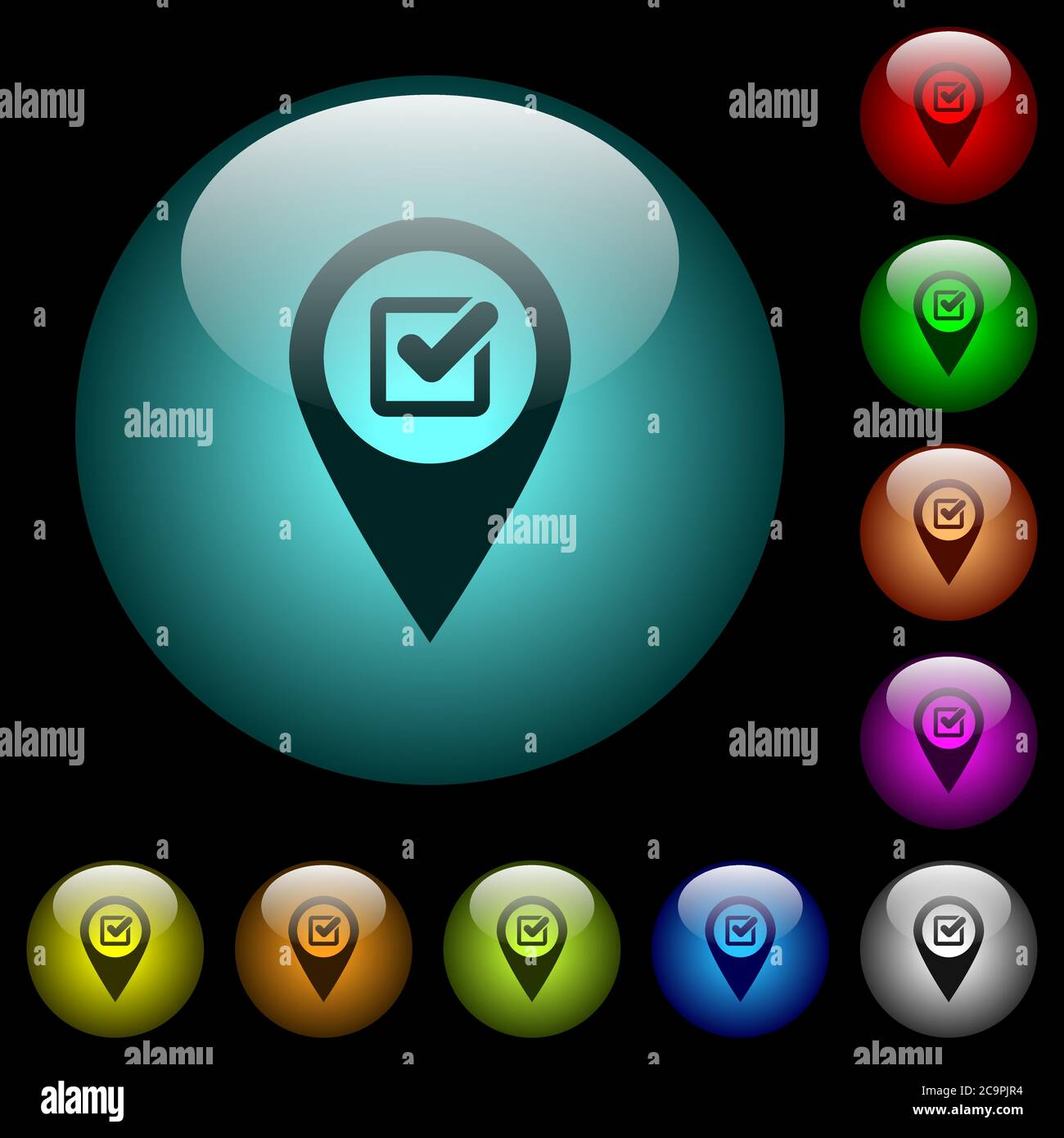 Icone di posizione della mappa GPS del punto di verifica a colori pulsanti in vetro sferico illuminati su sfondo nero. Può essere utilizzato per modelli neri o scuri Illustrazione Vettoriale