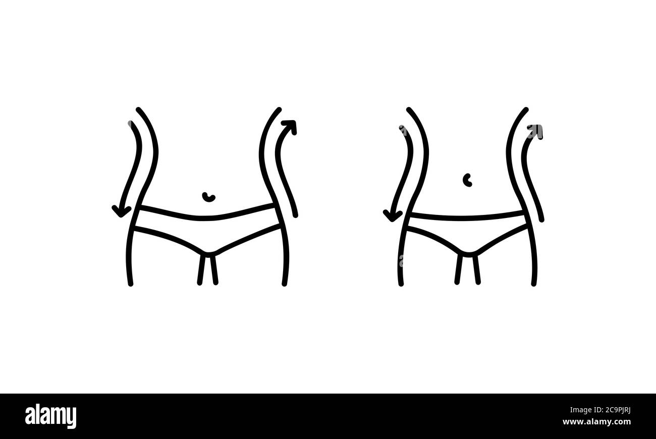 Icona a forma di grasso e sottile . Corpo femminile prima e dopo la dieta. Vettore su sfondo bianco isolato. EPS 10 Illustrazione Vettoriale