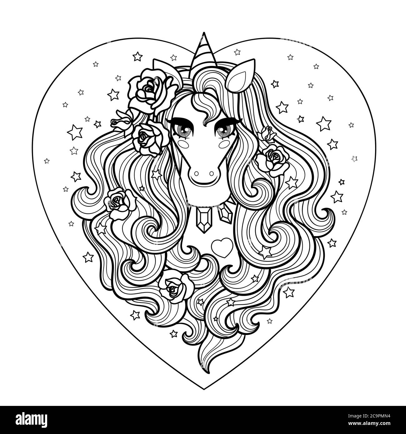 Testa unicorno con manie lunghe e rose. Immagine lineare in bianco e nero. Per colorare stampe di libri, poster, tatuaggi, cartoline, adesivi. Vettore ill Illustrazione Vettoriale