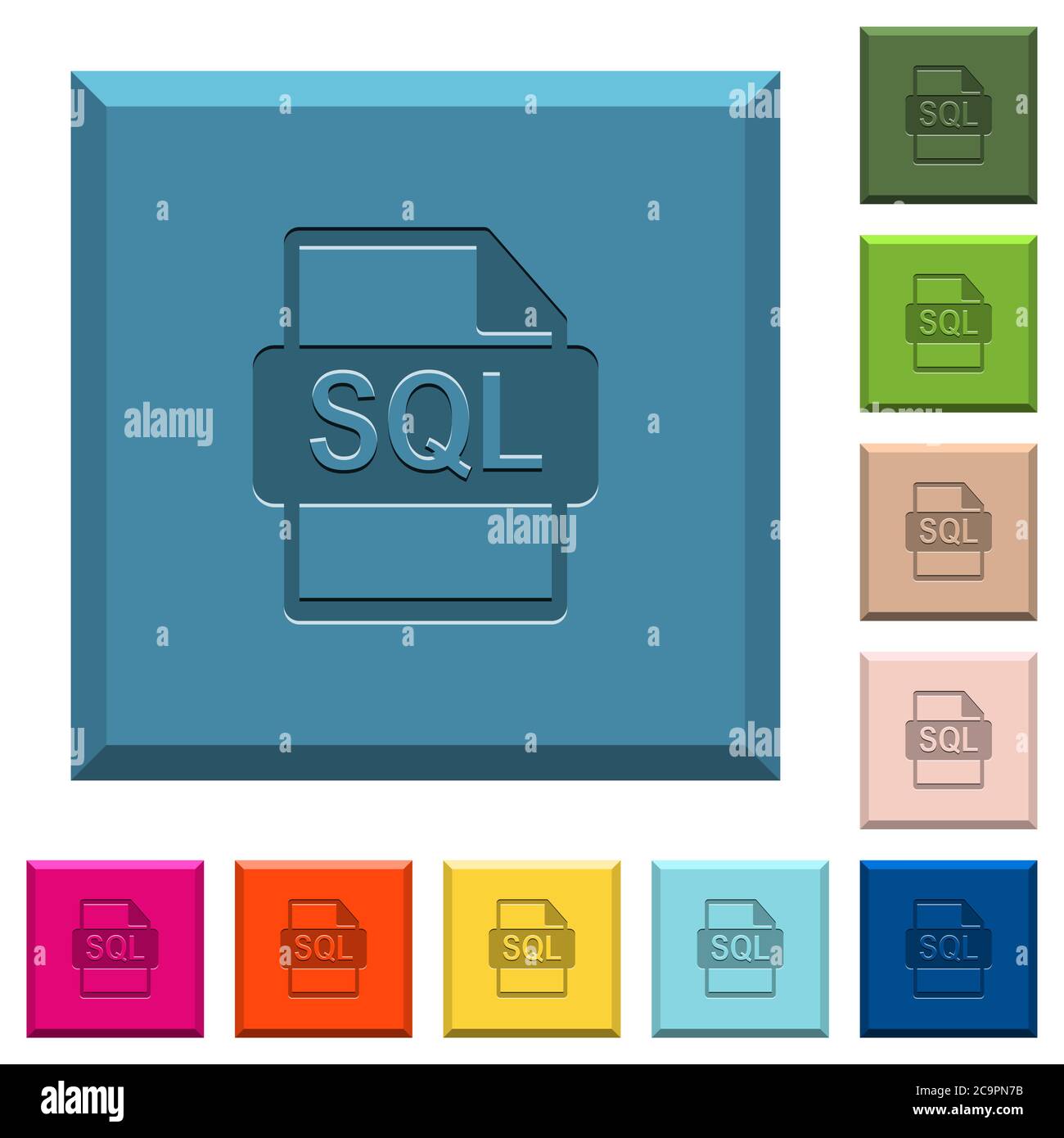 Formato file SQL icone incise su bottoni quadrati con bordi in vari colori alla moda Illustrazione Vettoriale