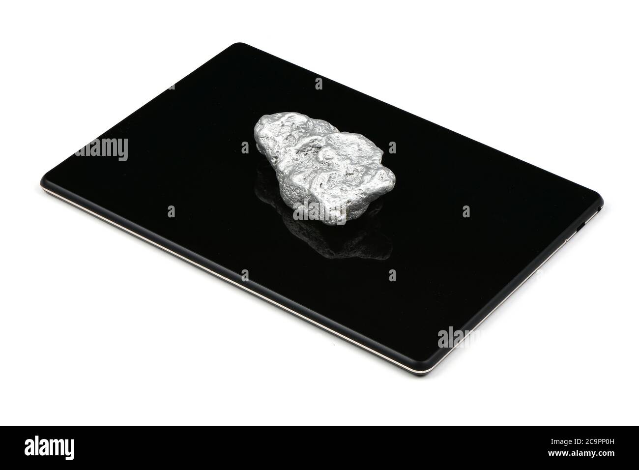 Pappagallo argento su tablet pc isolato su sfondo bianco. Foto ad alta risoluzione. Profondità di campo completa. Foto Stock