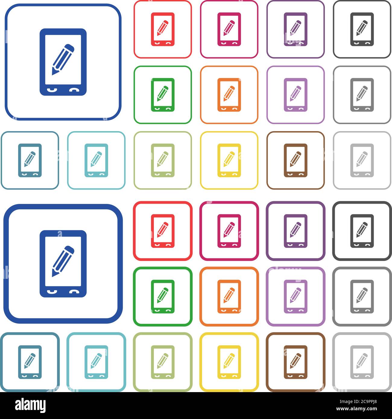 Icone piatte a colori per memo mobili in cornici quadrate arrotondate. Versioni sottili e spesse incluse. Illustrazione Vettoriale