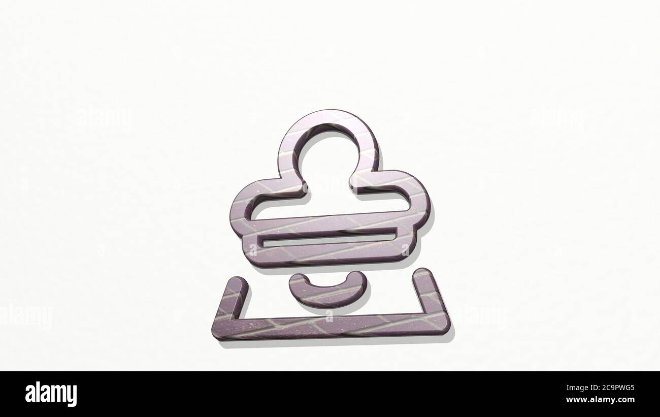 il sigillo di criminalità perde sulla parete. Illustrazione 3D di scultura metallica su sfondo bianco con texture mite. Concetto e criminale Foto Stock