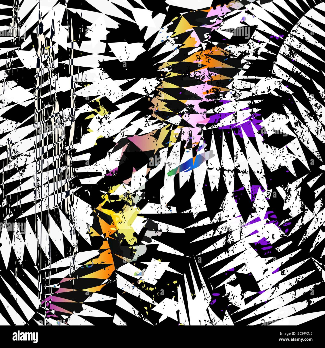 schema geometrico astratto di sfondo, con zigzag, tratti e schizzi, bianco e nero Illustrazione Vettoriale