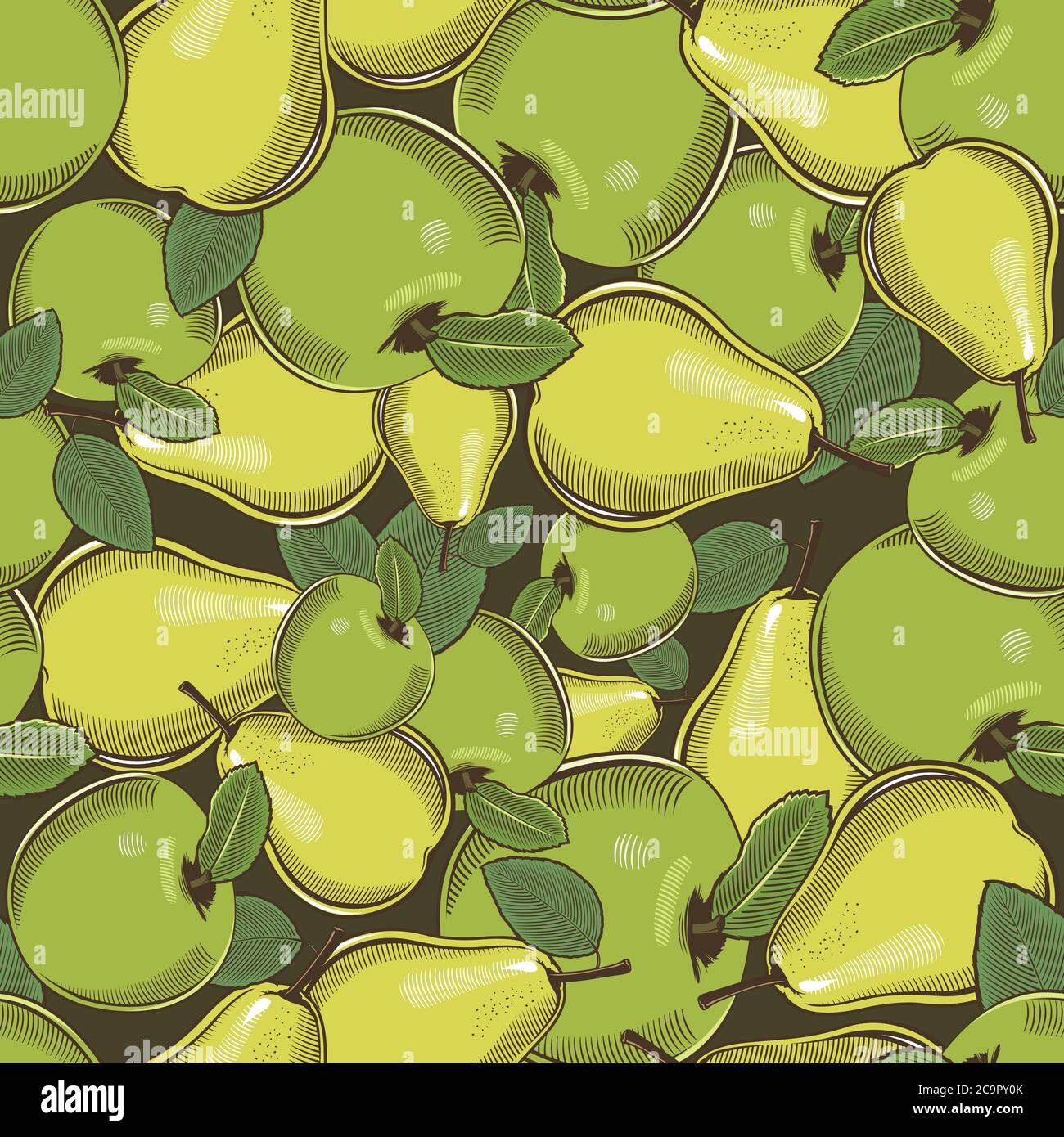 Motivo colorato senza cuciture con mele verdi e pere d'annata stile Illustrazione Vettoriale