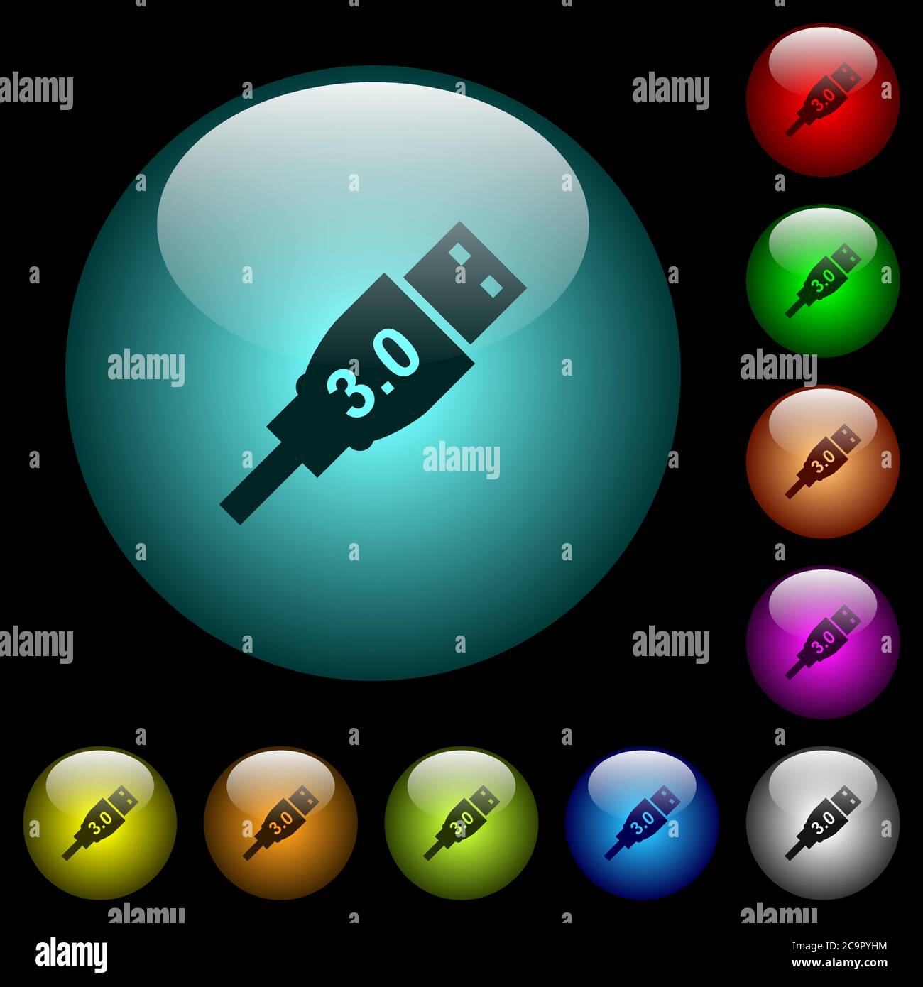 Icone USB ad alta velocità con pulsanti in vetro sferico illuminati a colori su sfondo nero. Può essere utilizzato per modelli neri o scuri Illustrazione Vettoriale