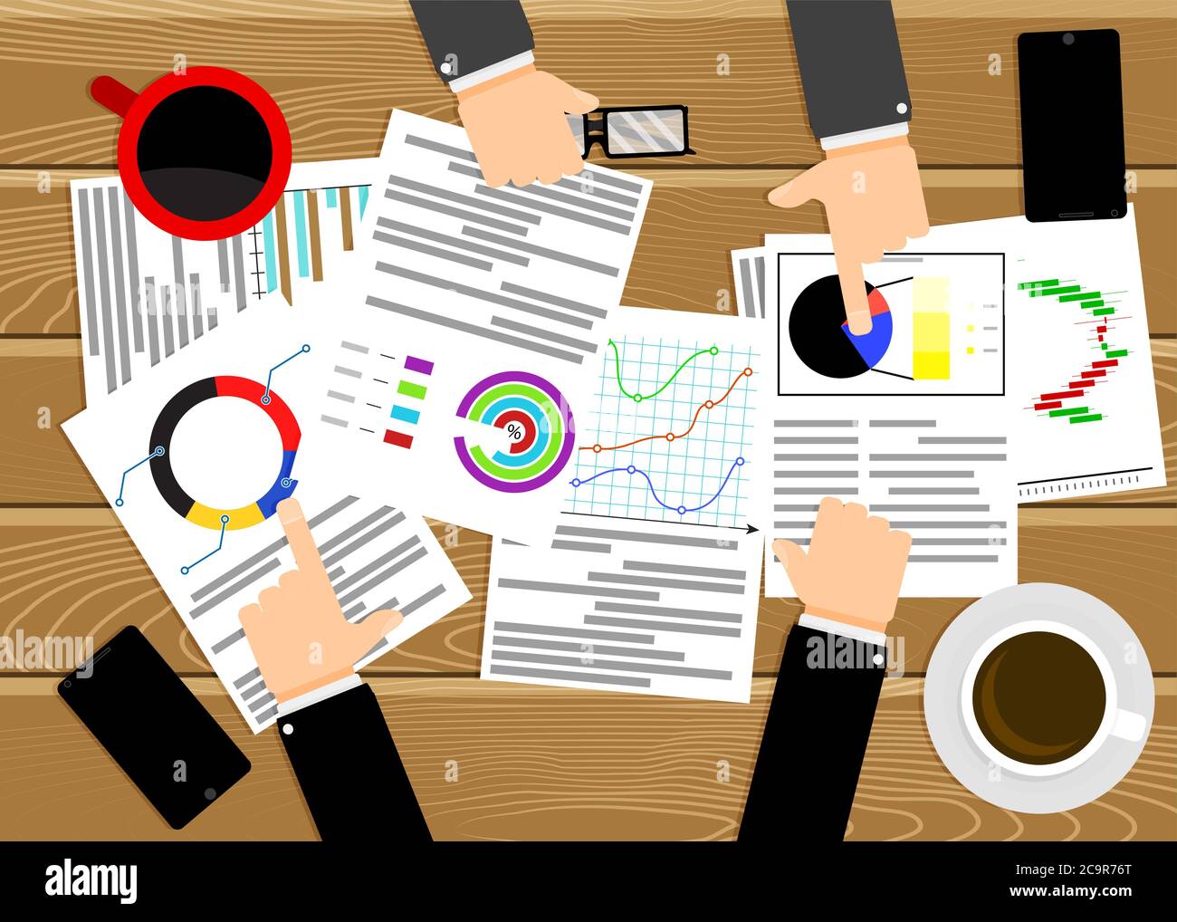 Analisi grafico, riunione aziendale e rapporto annuale. Vector vista dall'alto presentazione e incontro con grafico e infochart, gestione ana Illustrazione Vettoriale