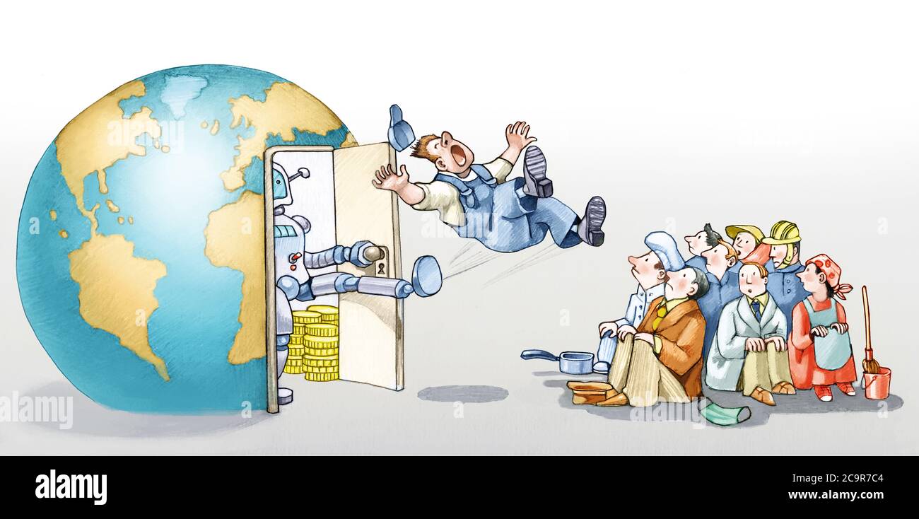 robot gigante cacciare i lavoratori da un mondo fukk di soldi politici cartone animato Foto Stock